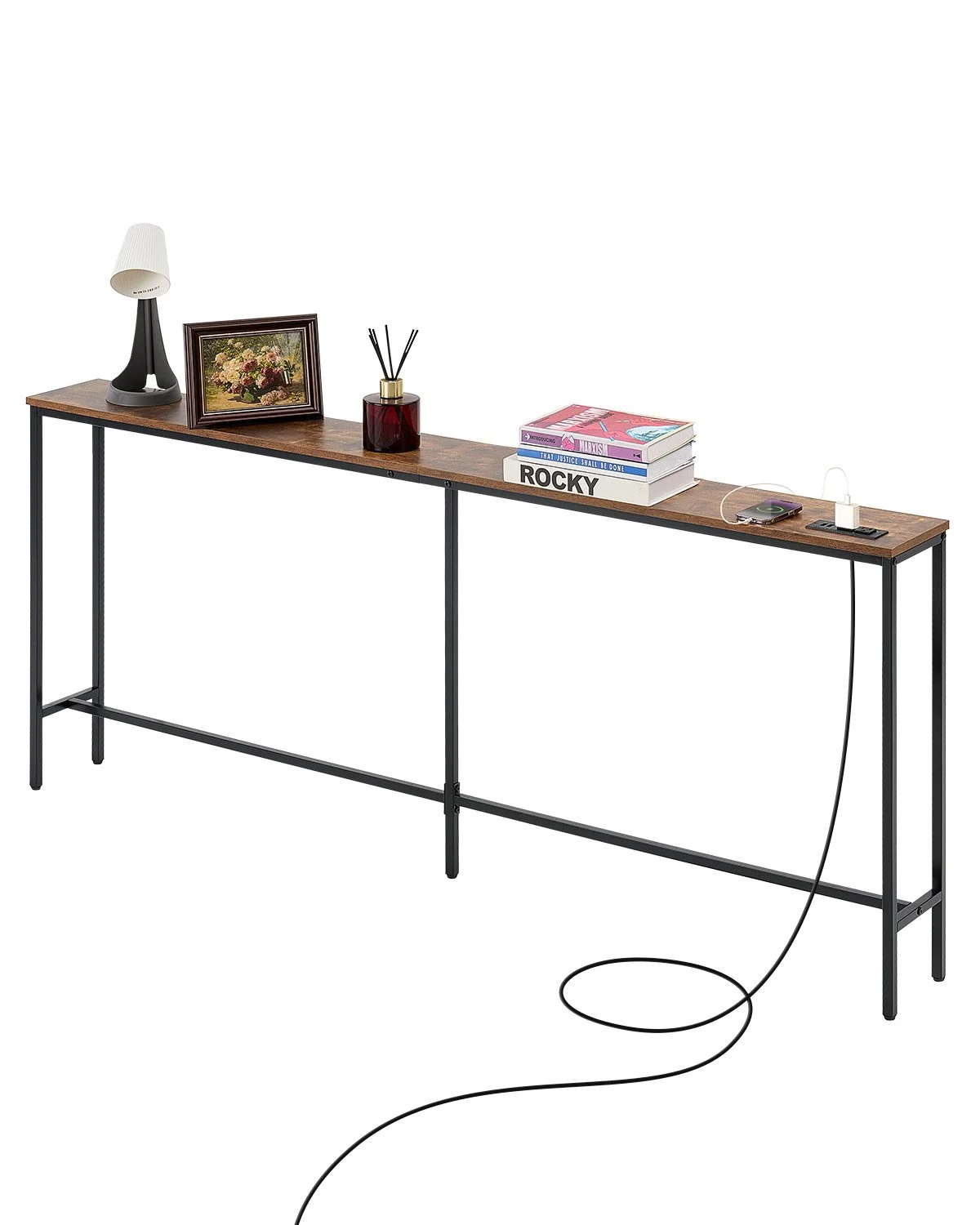 Narrow Console Table, 70.9" Behind Couch Table with Power Outlets, 1-Tier Long Entryway Table, Narrow Sofa Table with Metal Frame and Charge Station, for Entryway, Hallway, Living Room