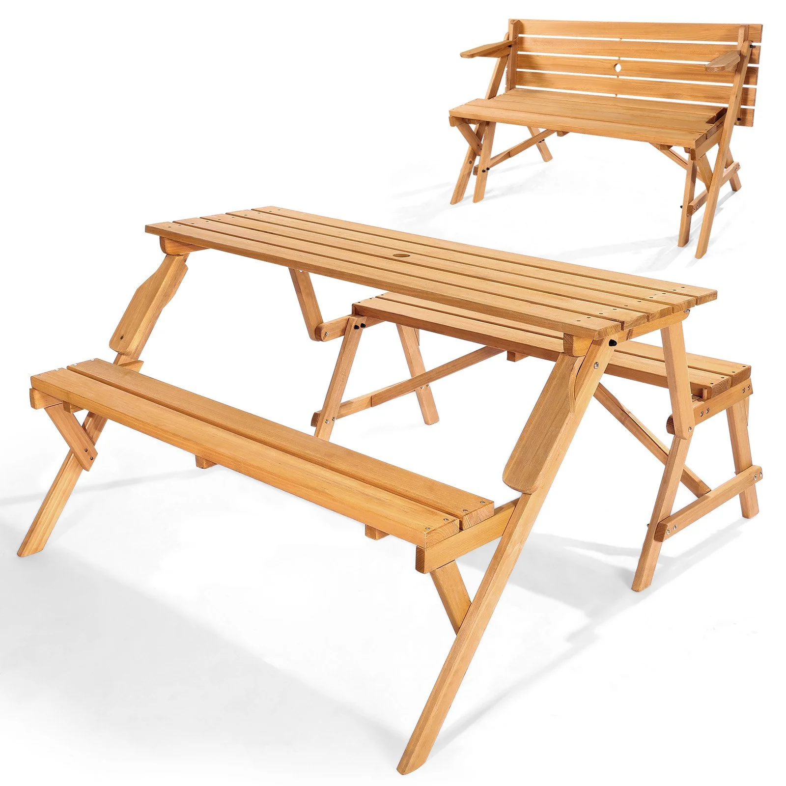 2-in-1 Transforming Interchangeable Picnic Table, Outdoor Wooden Table and Bench Set, Portable Foldable Bench with Umbrella Hole, Patio Dining Furniture for Garden, Backyard, Porch (Brown)