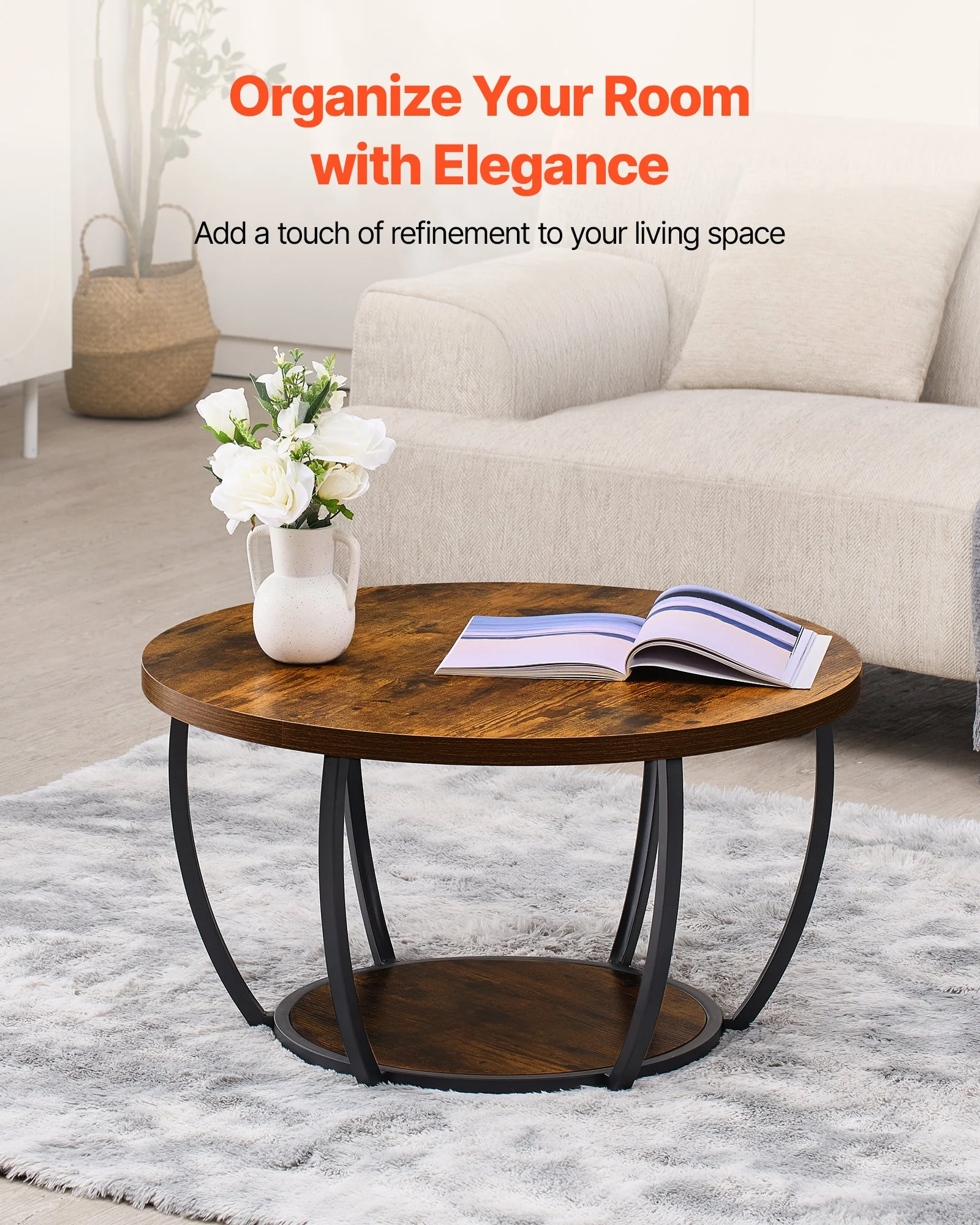 Coffee Table, Modern Round Coffee Table, 2 Tiers Wooden Circle Center Desk with Open Storage, Minimalist Sturdy Metal Frame Accent End Desk for Living Room, Office, Easy Assembly, Rustic Brown - Image 7