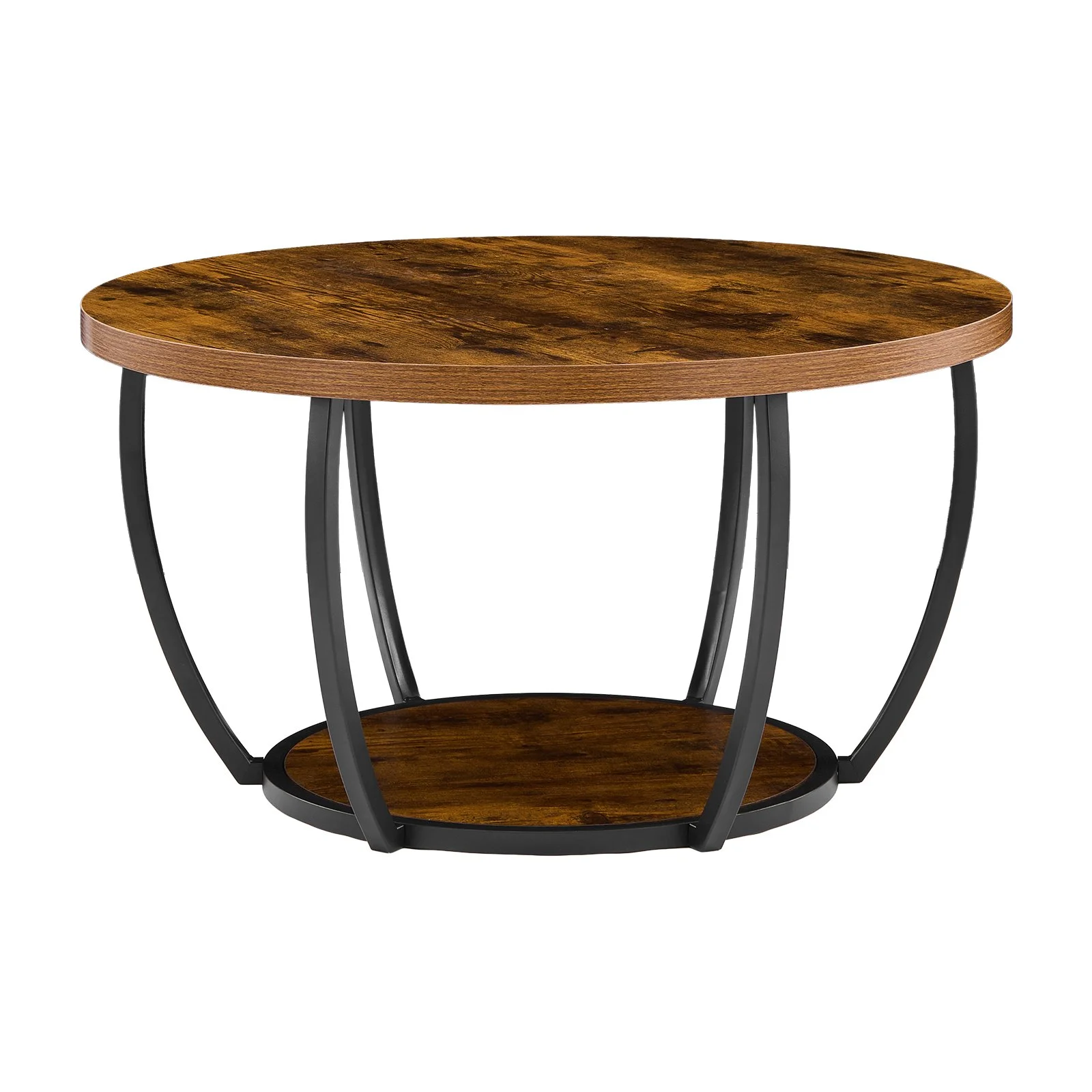 Coffee Table, Modern Round Coffee Table, 2 Tiers Wooden Circle Center Desk with Open Storage, Minimalist Sturdy Metal Frame Accent End Desk for Living Room, Office, Easy Assembly, Rustic Brown - Image 6