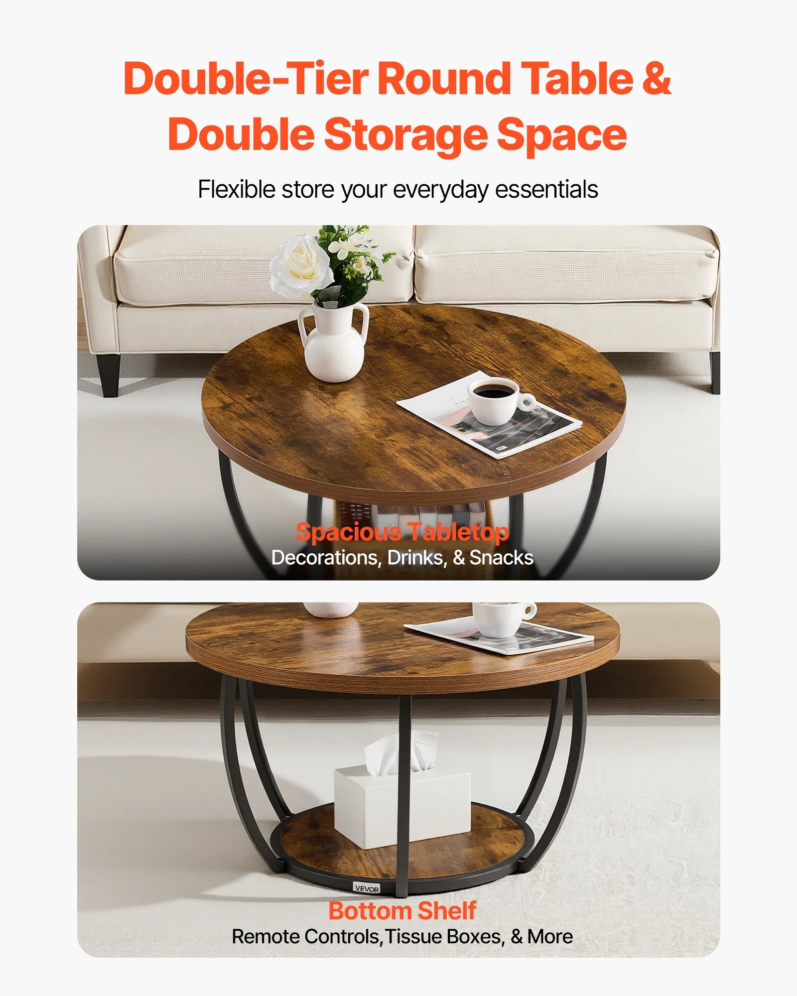 Coffee Table, Modern Round Coffee Table, 2 Tiers Wooden Circle Center Desk with Open Storage, Minimalist Sturdy Metal Frame Accent End Desk for Living Room, Office, Easy Assembly, Rustic Brown - Image 9