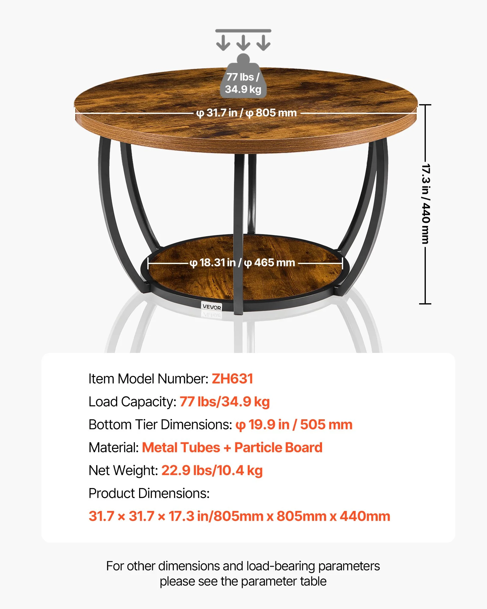 Coffee Table, Modern Round Coffee Table, 2 Tiers Wooden Circle Center Desk with Open Storage, Minimalist Sturdy Metal Frame Accent End Desk for Living Room, Office, Easy Assembly, Rustic Brown - Image 8