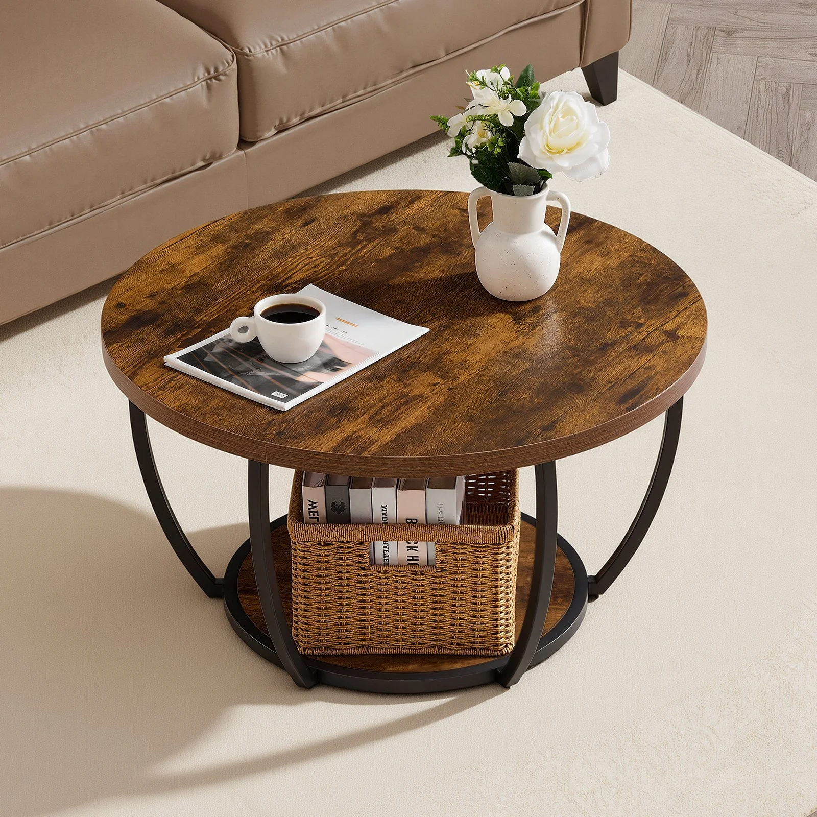 Coffee Table, Modern Round Coffee Table, 2 Tiers Wooden Circle Center Desk with Open Storage, Minimalist Sturdy Metal Frame Accent End Desk for Living Room, Office, Easy Assembly, Rustic Brown - Image 3