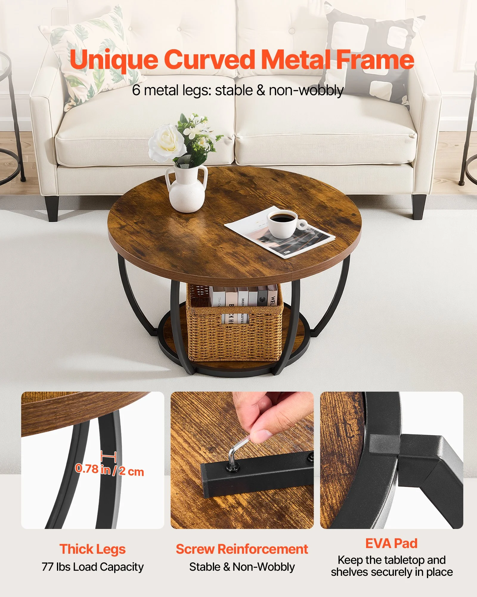 Coffee Table, Modern Round Coffee Table, 2 Tiers Wooden Circle Center Desk with Open Storage, Minimalist Sturdy Metal Frame Accent End Desk for Living Room, Office, Easy Assembly, Rustic Brown - Image 11