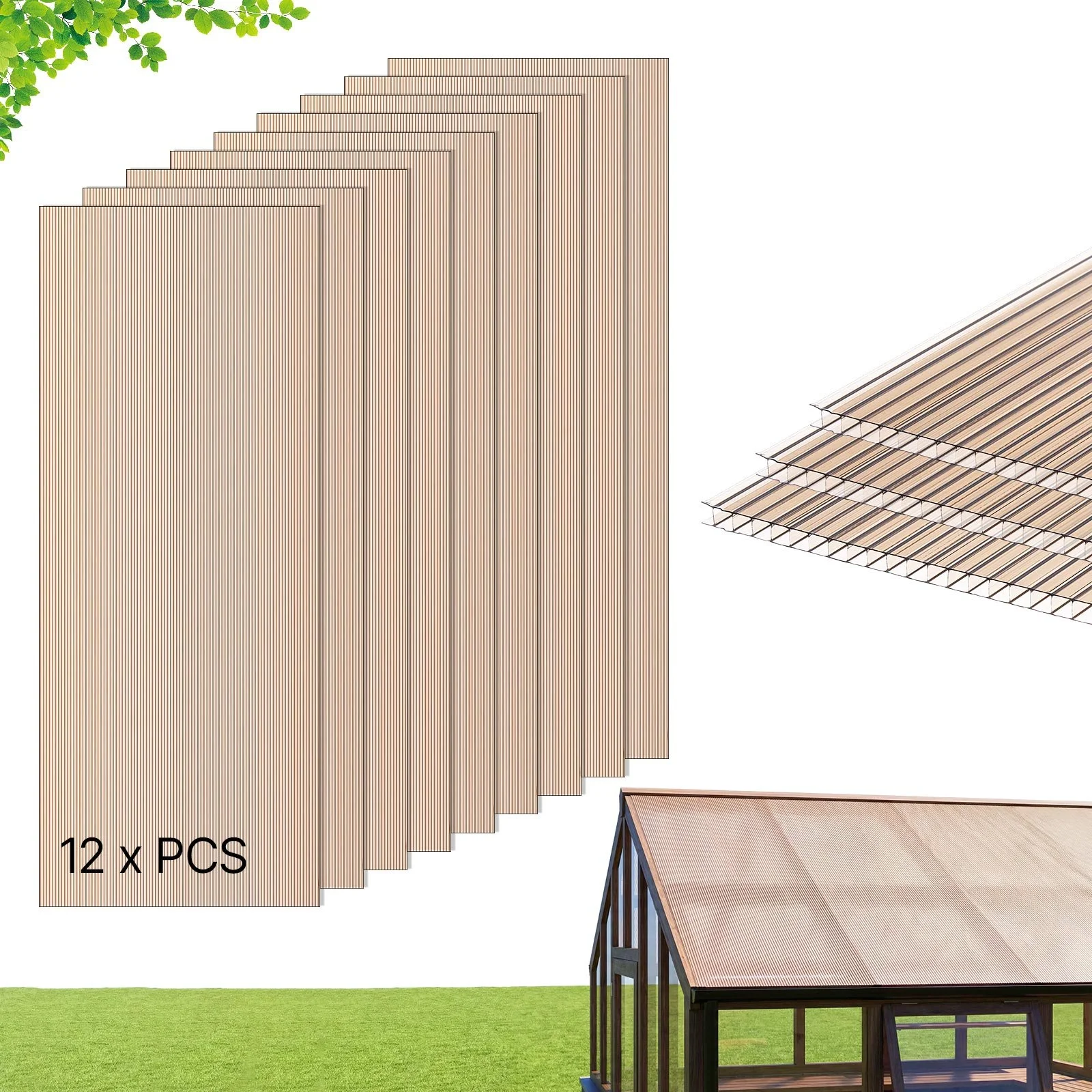 Roof Panels, 12Pcs Polycarbonate Roofing Panels Double Layer, High Impact Corrugated Plastic Greenhouse Replacement Cover, Waterproof for Gazebos, Chicken Coops, Home, Garden (5' x 2' x 0.24")