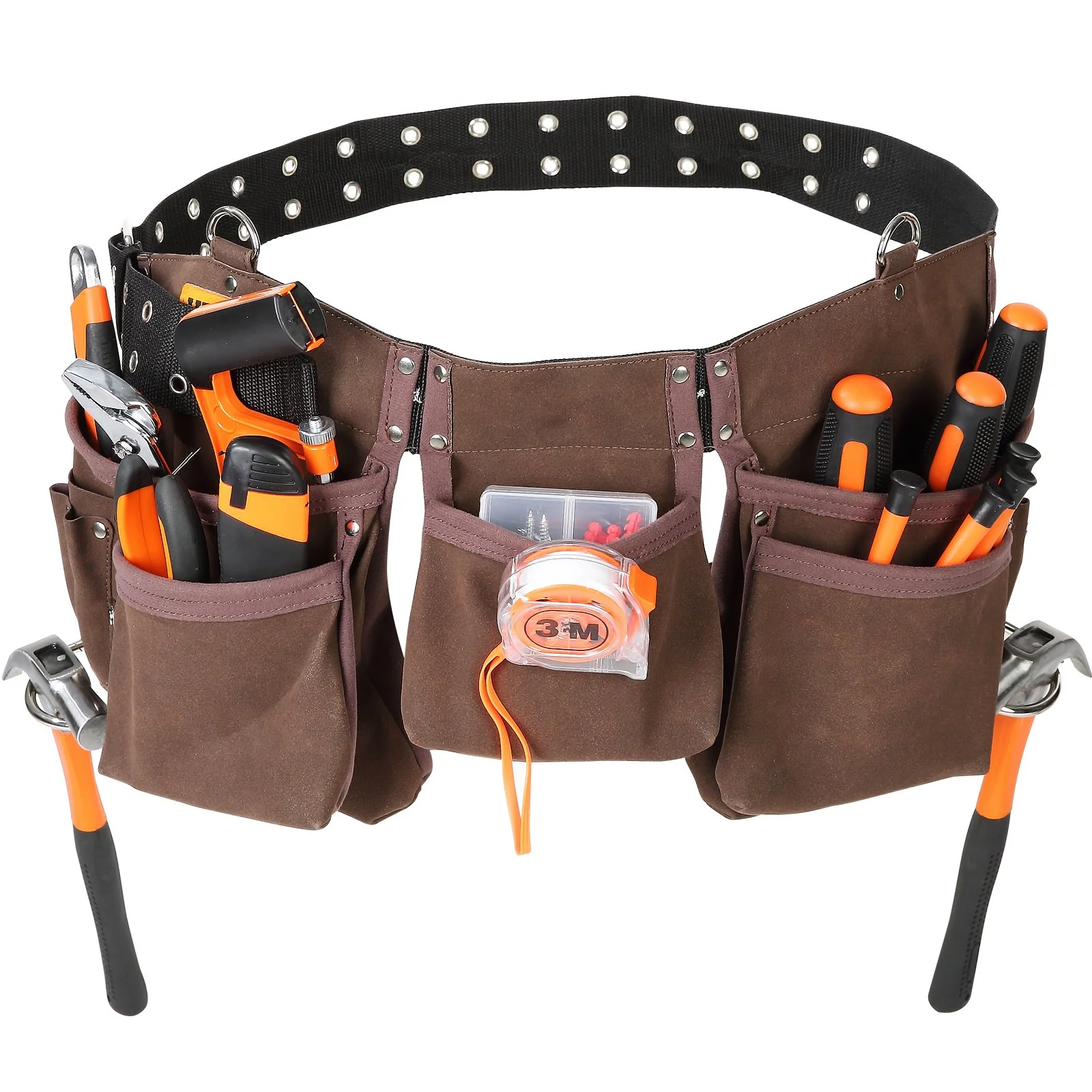 13 Pockets Tool Belt, Adjusts from 29 Inches to 54 Inches, Leather Heavy Duty Tool Pouch Bag with Dual Hammer Loops, Tool Bag for Electrician, Carpenter, Handyman, Construction, Framer, Brown