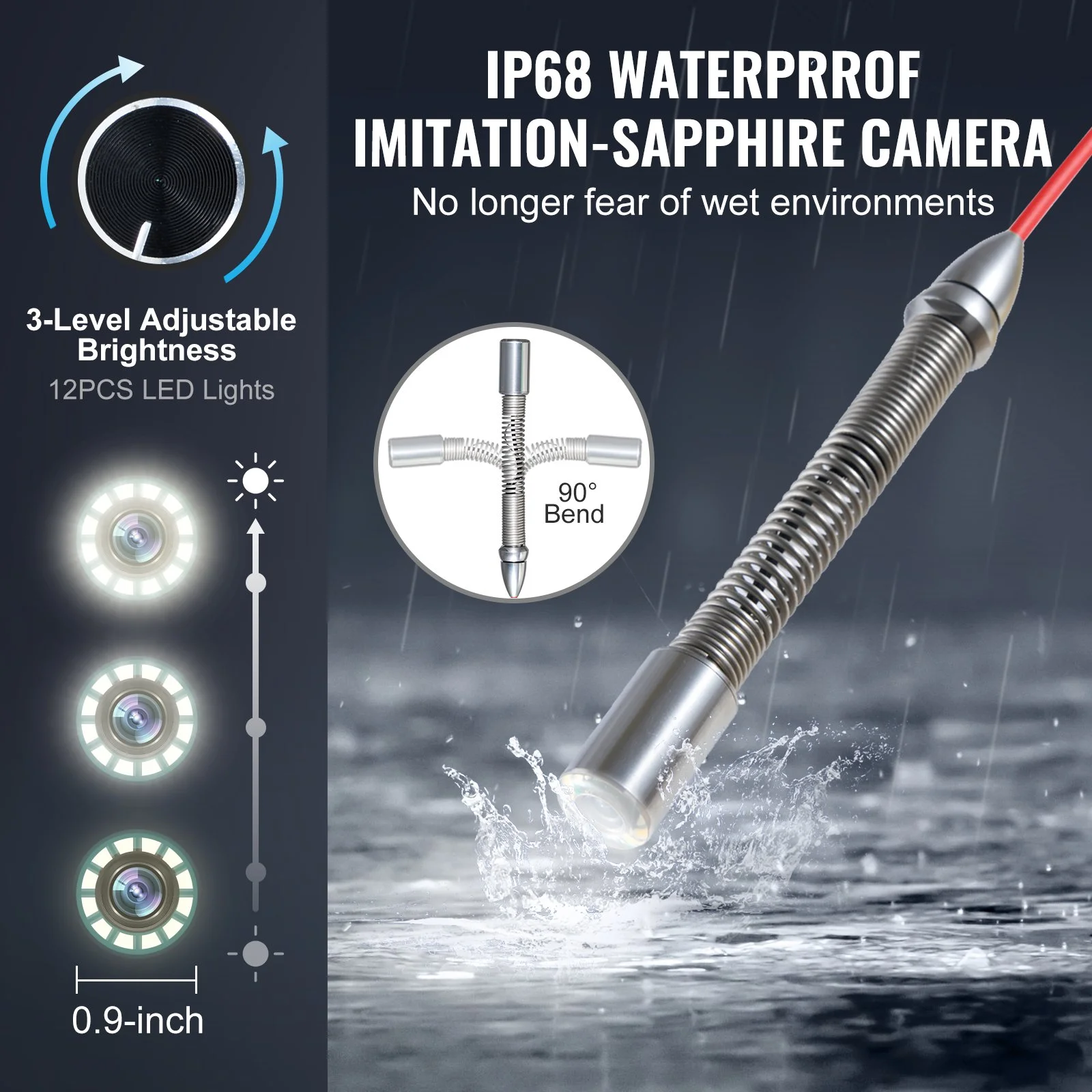 Sewer Camera, 328 ft/100m, Self-Leveling Drain Camera with 10.1" Touchscreen, 512Hz Transmitter & Distance Counter, IP67 Snake Plumbing Camera with Lights-12 LED, 32GB Card for Duct Pipe - Image 4