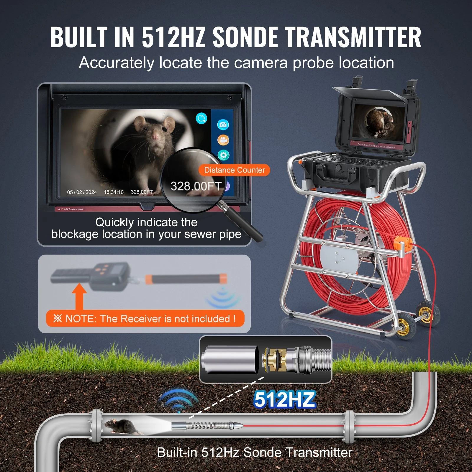 Sewer Camera, 328 ft/100m, Self-Leveling Drain Camera with 10.1" Touchscreen, 512Hz Transmitter & Distance Counter, IP67 Snake Plumbing Camera with Lights-12 LED, 32GB Card for Duct Pipe - Image 7