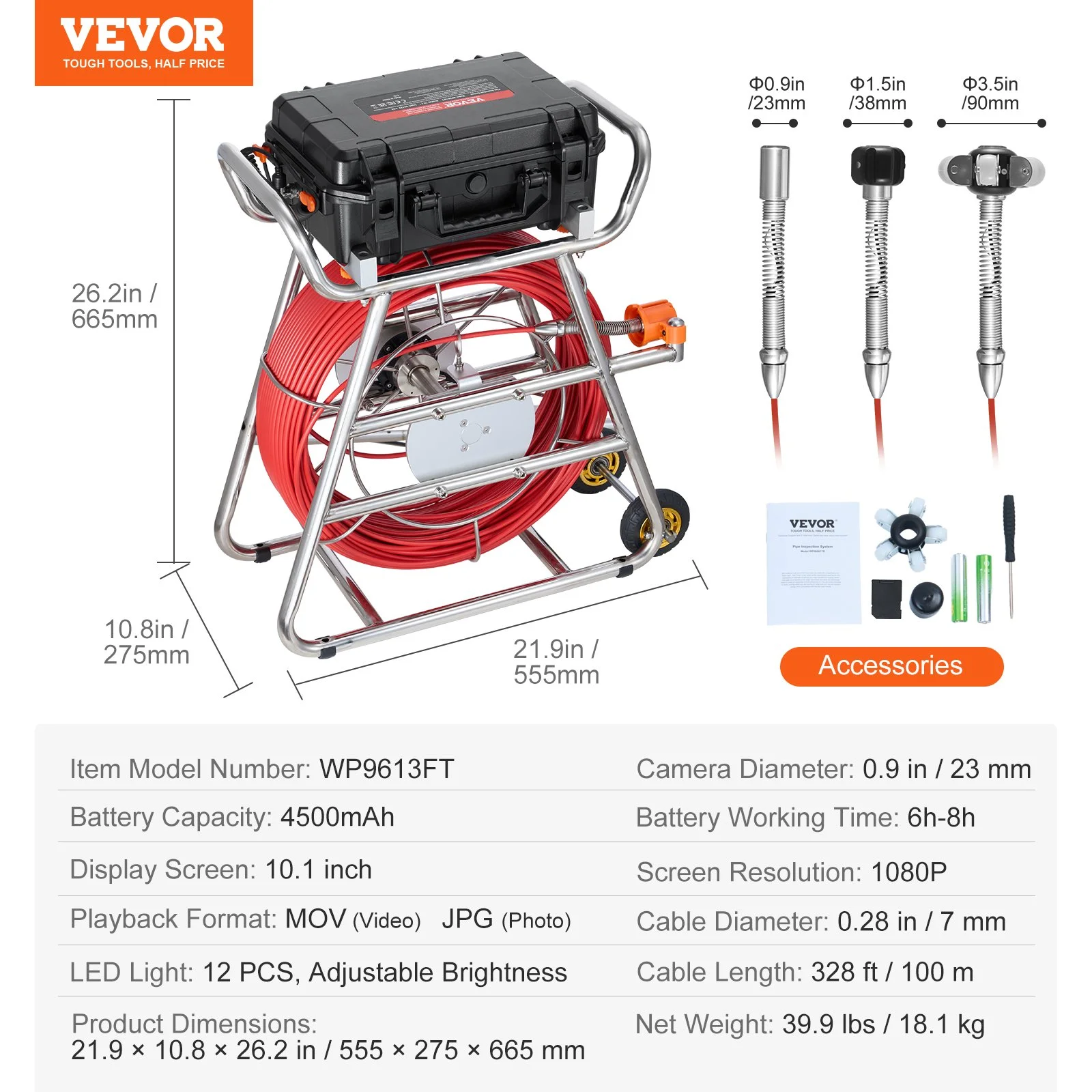 Sewer Camera, 328 ft/100m, Self-Leveling Drain Camera with 10.1" Touchscreen, 512Hz Transmitter & Distance Counter, IP67 Snake Plumbing Camera with Lights-12 LED, 32GB Card for Duct Pipe - Image 6