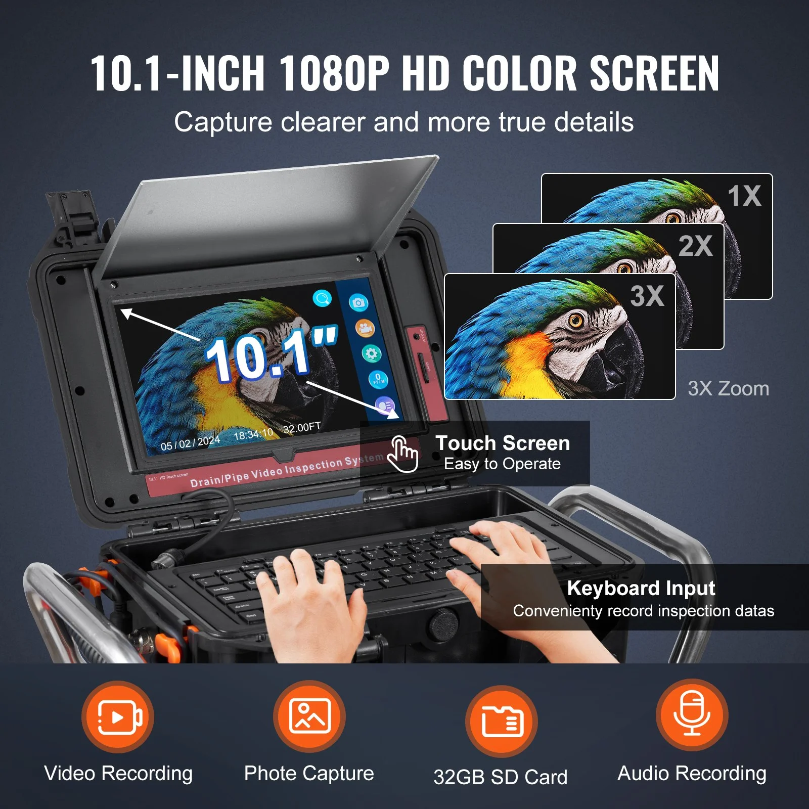 Sewer Camera, 328 ft/100m, Self-Leveling Drain Camera with 10.1" Touchscreen, 512Hz Transmitter & Distance Counter, IP67 Snake Plumbing Camera with Lights-12 LED, 32GB Card for Duct Pipe - Image 3