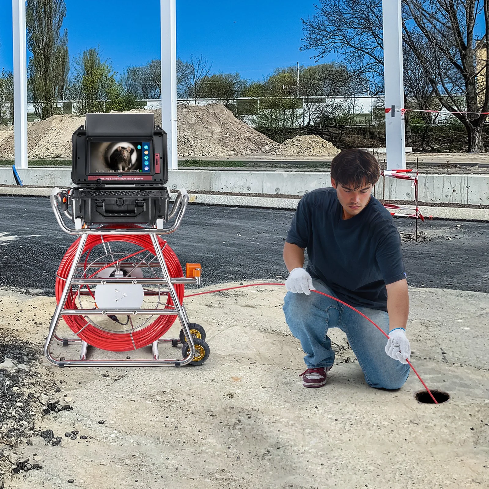Sewer Camera, 328 ft/100m, Self-Leveling Drain Camera with 10.1" Touchscreen, 512Hz Transmitter & Distance Counter, IP67 Snake Plumbing Camera with Lights-12 LED, 32GB Card for Duct Pipe - Image 8