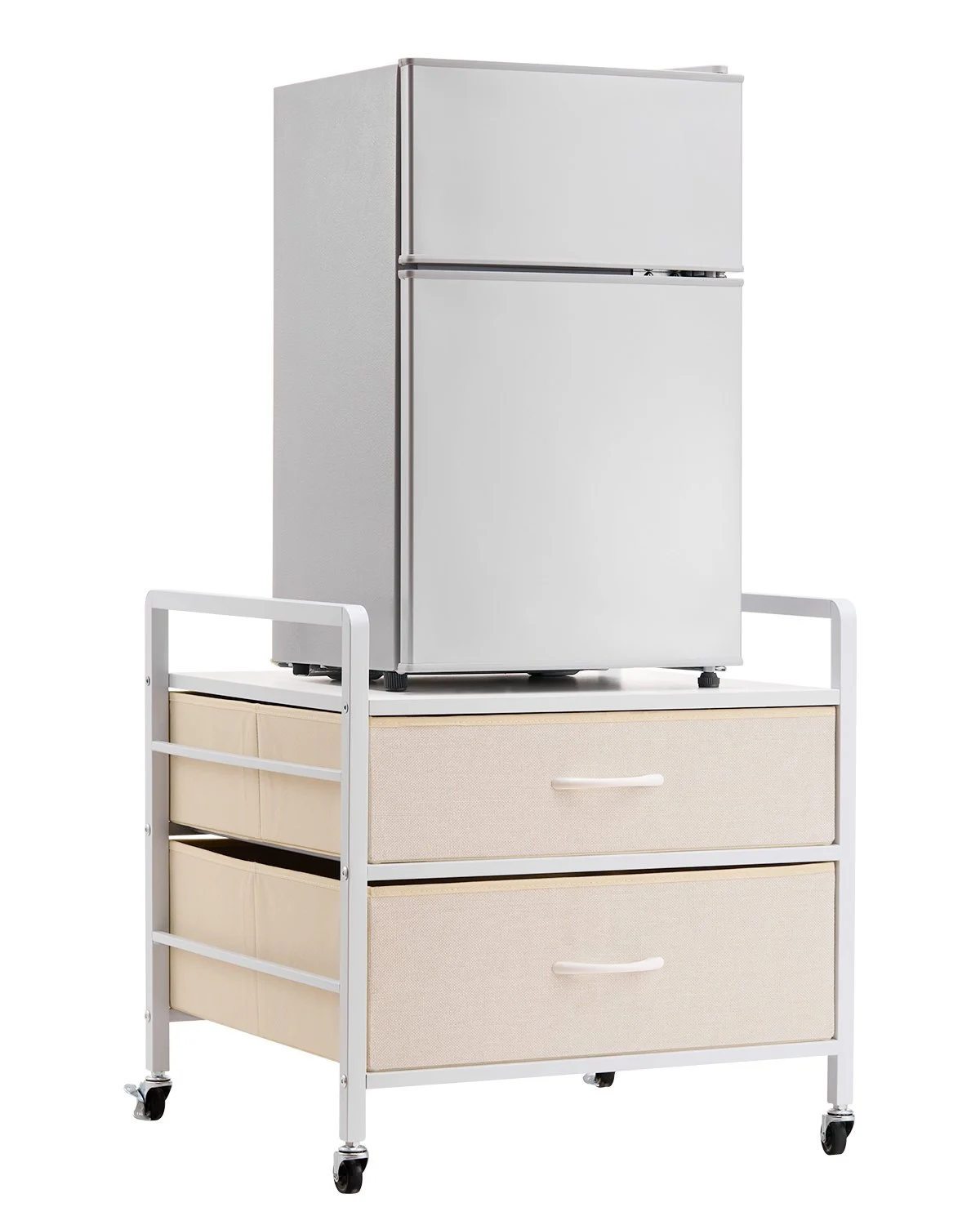 Mini Fridge Stand with Storage, 176 lb-Capacity Mini Fridge Table with 2 Drawers & 4 Swivel Wheels, Mobile Mini Fridge Shelf, White Mini Fridge Organizer for Dorm, Apartment, Office, Bedroom