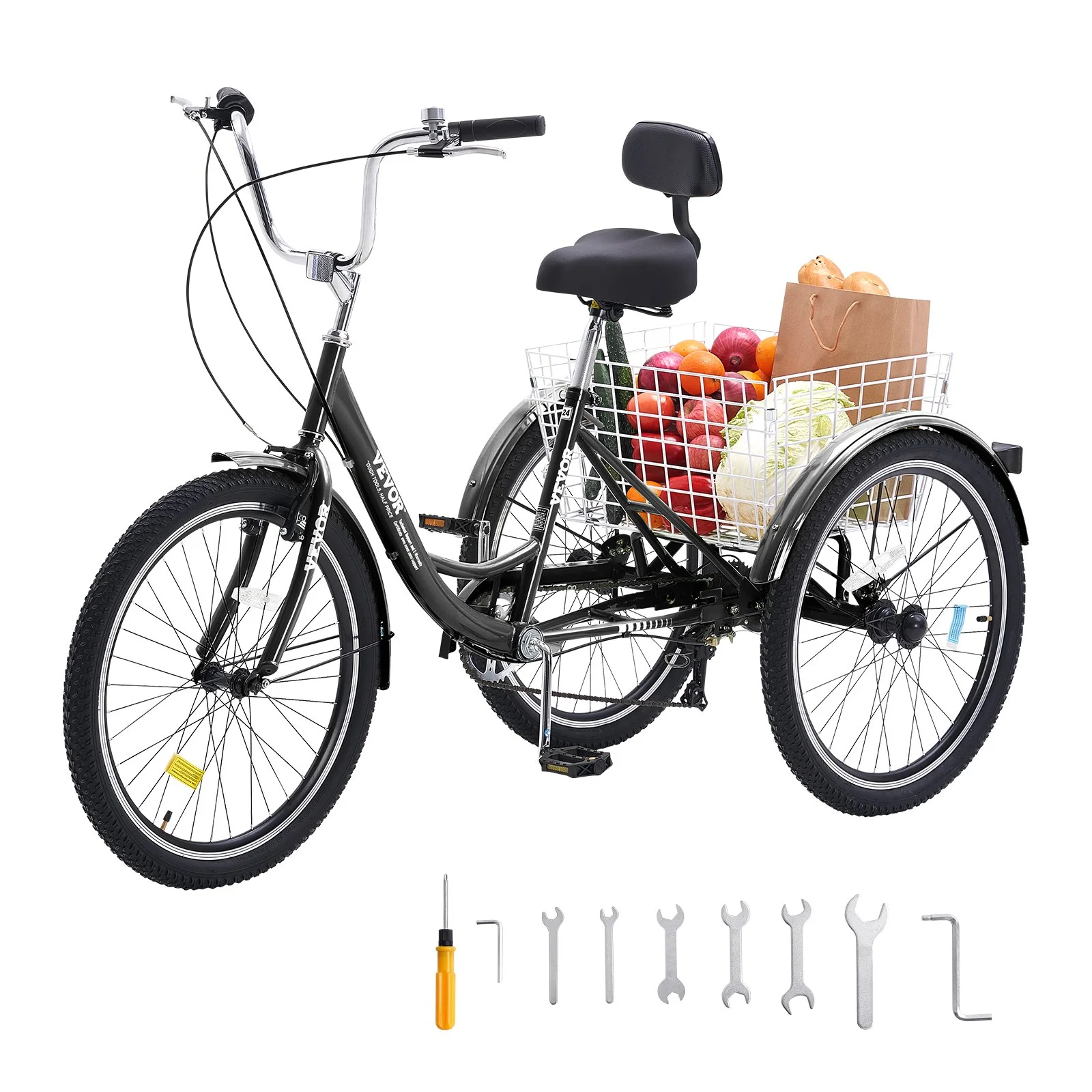 Adult Tricycles Bike, 7 Speed Adult Trikes, 20 Inch Three-Wheeled Bicycles, Carbon Steel Cruiser Bike with Basket and Adjustable Seat, Picnic Shopping Tricycles for Seniors, Women, Men (Black)