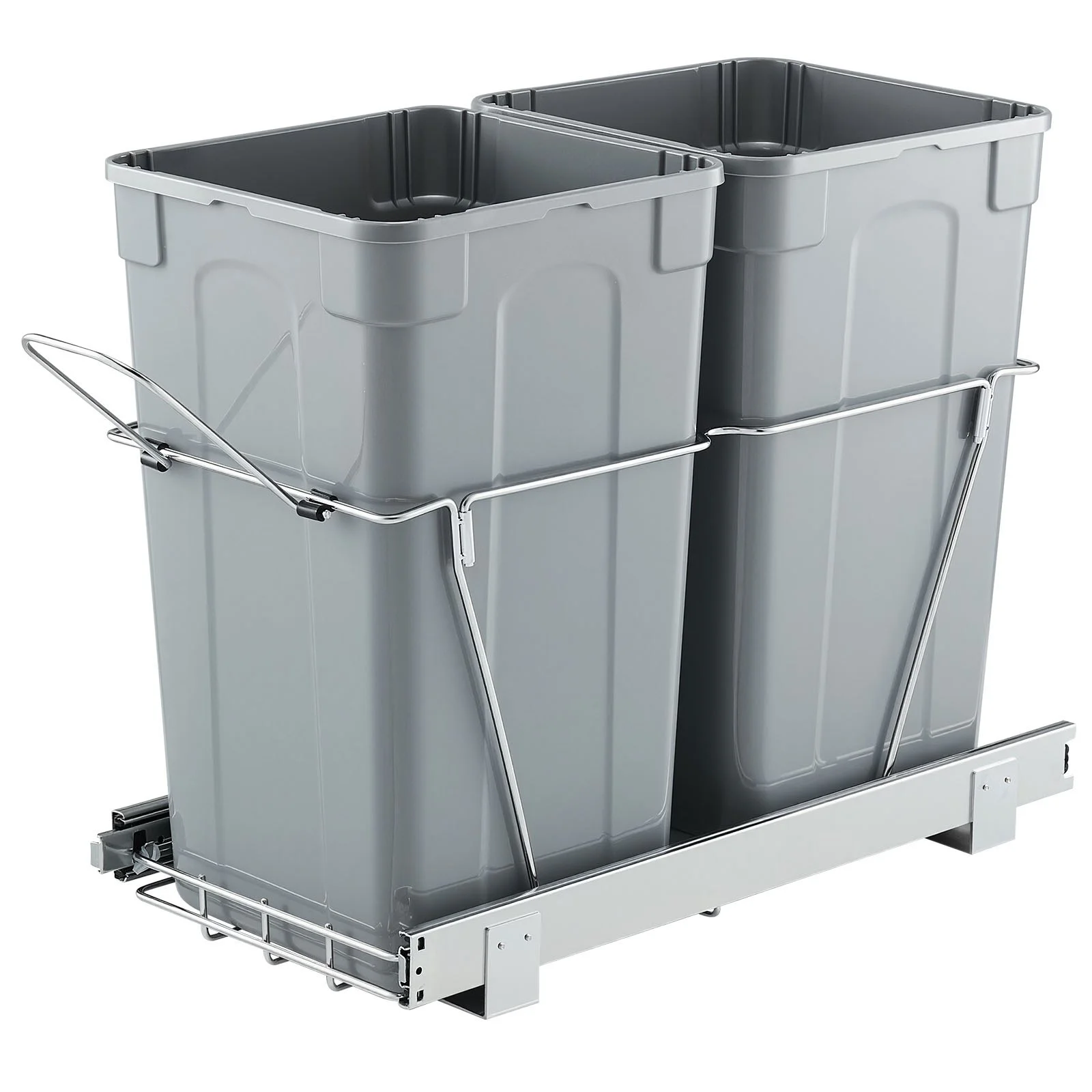 Pullout Trash Can for Kitchen Cabinets, 27QTx2 Double Under Sink Garbage Waste Recycling Bin, Under Mount Waste Container, with Heavy Duty Metal Full Extension Sliding System and Handle