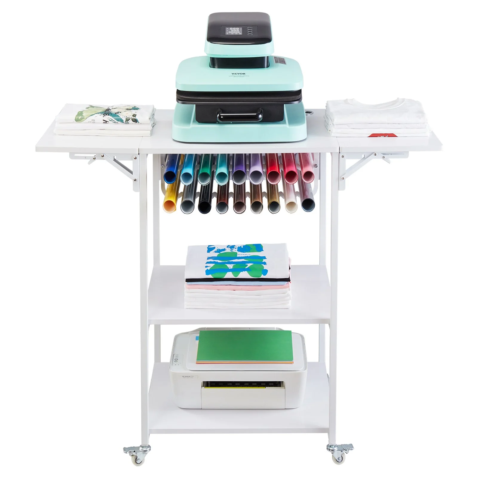 Heat Press Table, 3 Tier Movable Heat Press Stand, Foldable Heat Transfer Machine Stand with Wheels and Vinyl Roll Holder, Rolling Metal Workbench for Sublimation Transfer Machine, White