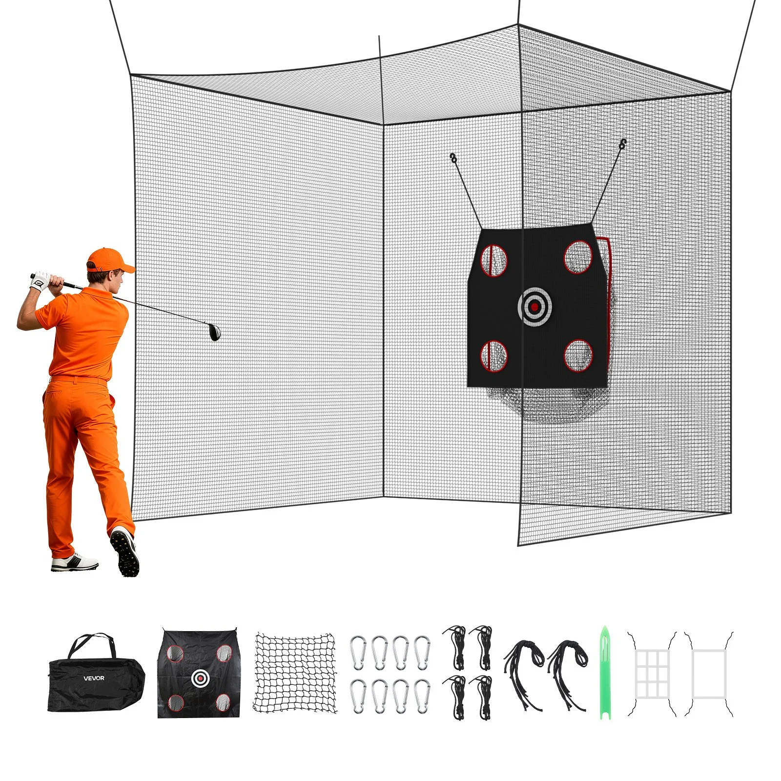 Golf Batting Cage, 10 x 10 x 10 FT Golf Cage, Driving Hitting Cages with 3-Ply Knotless Polyester, Golfs Target & 9-Hole Baseball Target, Golfs Hitting Net for Indoor, Outdoor, Backyard