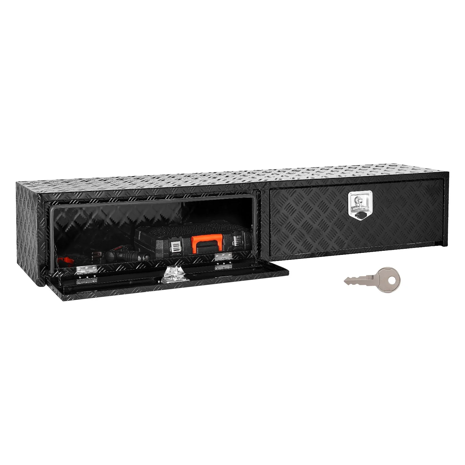 Truck Tool Box, 72 x 13 x 16 Inch, Black Aluminum Tread Topsider Toolbox with Dual Drop Doors, Heavy Duty Lockable Storage and Organization Box with Latch, Corrosion-Resistant, for Truck Bed
