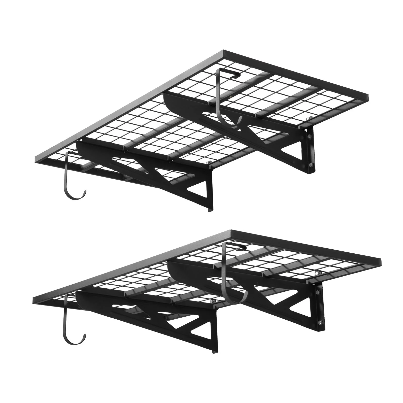 2-Tier Heavy Duty Wall Garage Shelving, 2 x 4 ft Steel Wall Mounted Shelving Unit with Hooks, 24 x 48 Inch Per Shelf Floating Storage Metal Rack for Garage, 500 lbs Total Weight Capacity, Black
