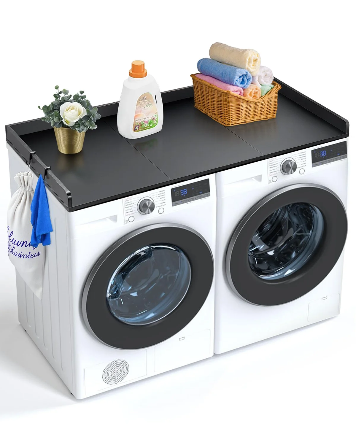 Washer Dryer Countertop with 3 Splicing Panels, 54" x 27" Wooden Washer and Dryer Countertop with Non-Slip Pads, Water-Resistant Laundry Topper for Laundry Room Organization and Storage, Black
