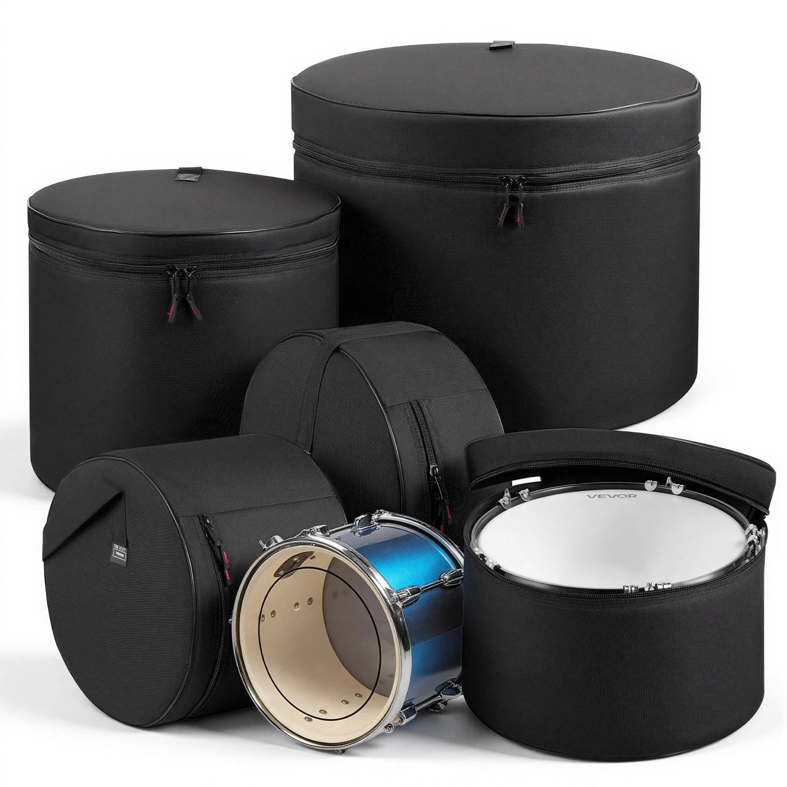 5-Piece Drum Case Set, 600D, Padded Drum Bags for 22 in Bass, 12/13/16 in Tom, 14 in Snare, Thick Padding, Lightweight Protective Covers Travel Storage Cases, for Drums Accessories Protection