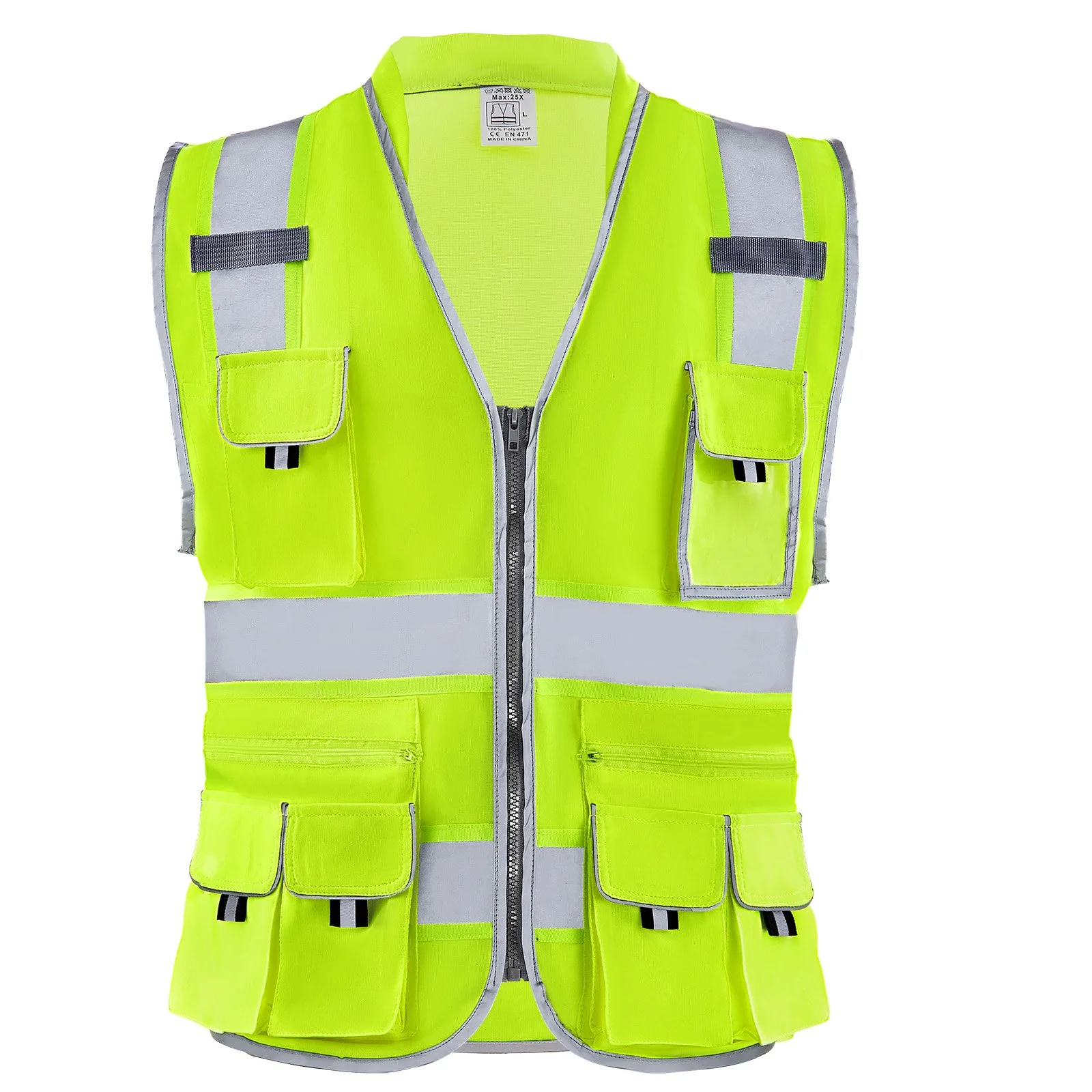 Safety Vest, 10 Pockets Yellow Safety Vest, High Visibility Zipper Front Safety Vest with Reflective Strips, Hi Vis Work Construction Vest with Pockets and Walkie-Talkie Clip, for Men & Woman
