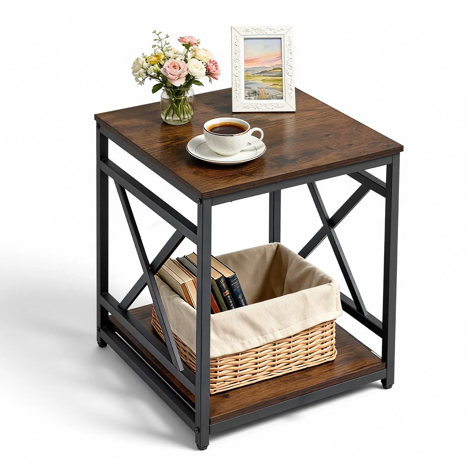 End Table, 2-Tier Square Side Table with Open Storage Shelves, Modern Nightstand Bedside Desk with X-Design Metal Frame, Wood Sofa Coffee Desk for Living Room, Bedroom, Office, Dorm, Brown