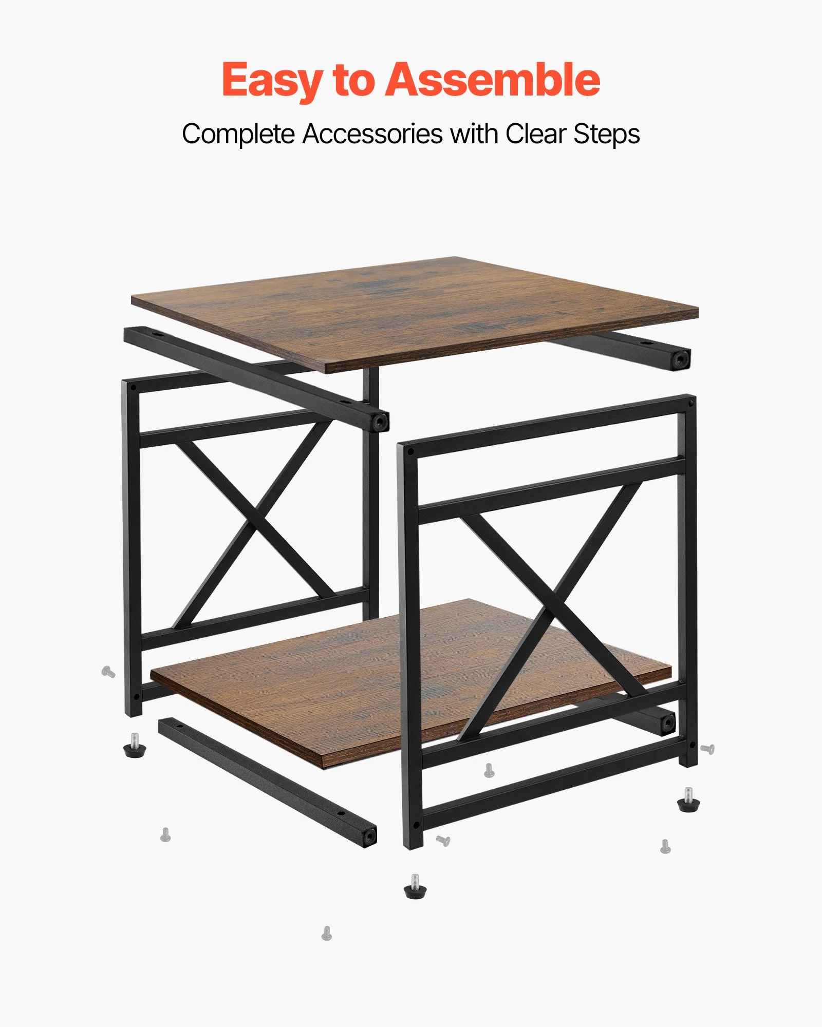 End Table, 2-Tier Square Side Table with Open Storage Shelves, Modern Nightstand Bedside Desk with X-Design Metal Frame, Wood Sofa Coffee Desk for Living Room, Bedroom, Office, Dorm, Brown - Image 12