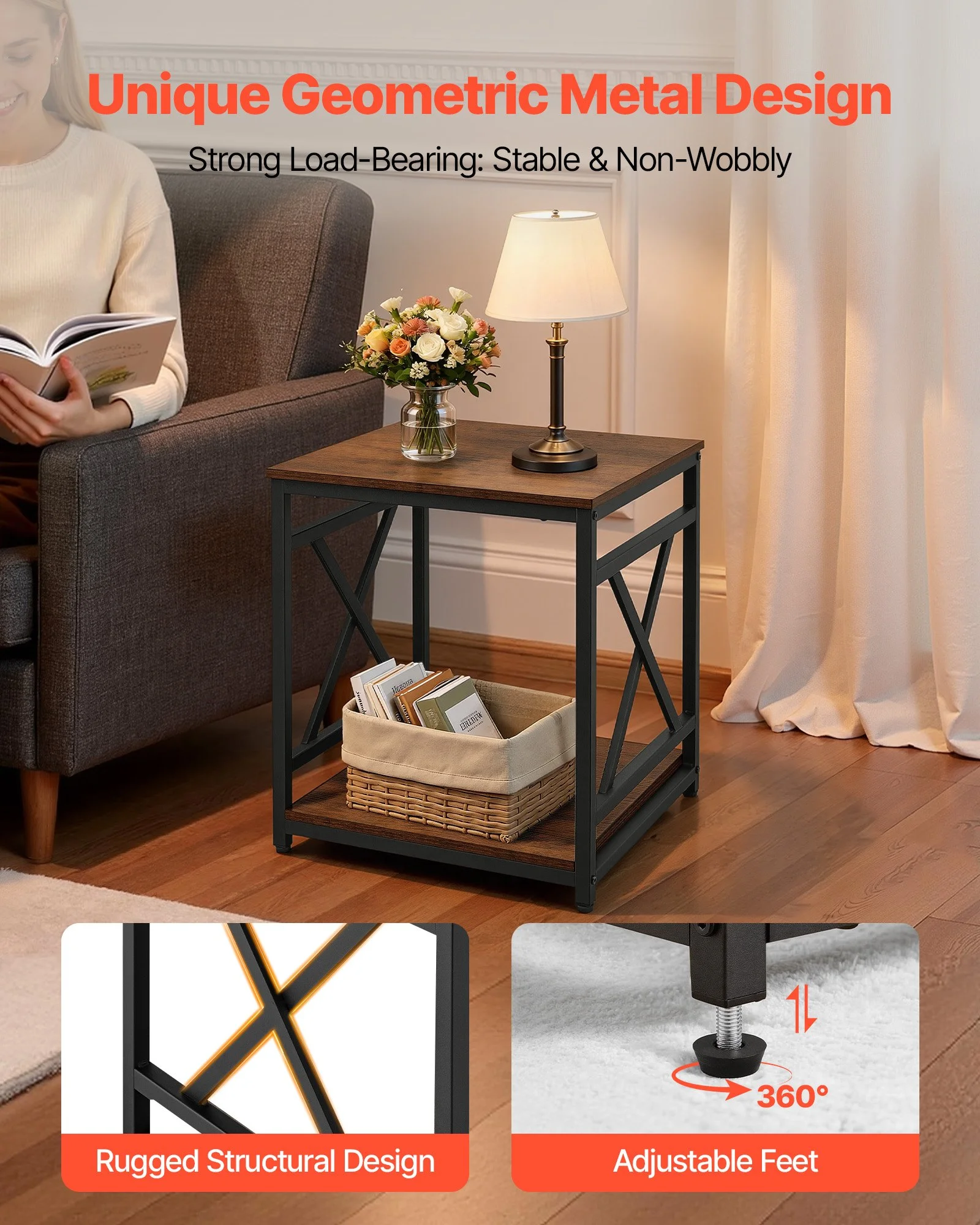 End Table, 2-Tier Square Side Table with Open Storage Shelves, Modern Nightstand Bedside Desk with X-Design Metal Frame, Wood Sofa Coffee Desk for Living Room, Bedroom, Office, Dorm, Brown - Image 11