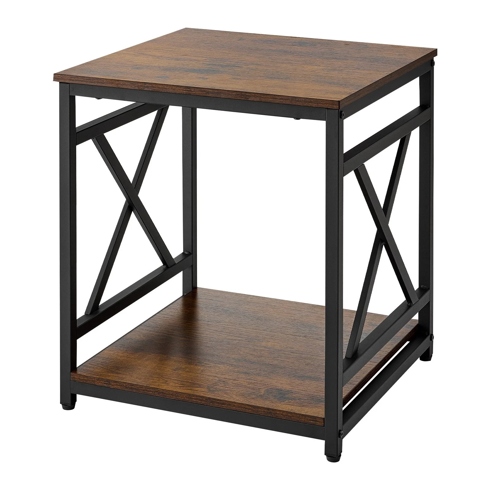 End Table, 2-Tier Square Side Table with Open Storage Shelves, Modern Nightstand Bedside Desk with X-Design Metal Frame, Wood Sofa Coffee Desk for Living Room, Bedroom, Office, Dorm, Brown - Image 7