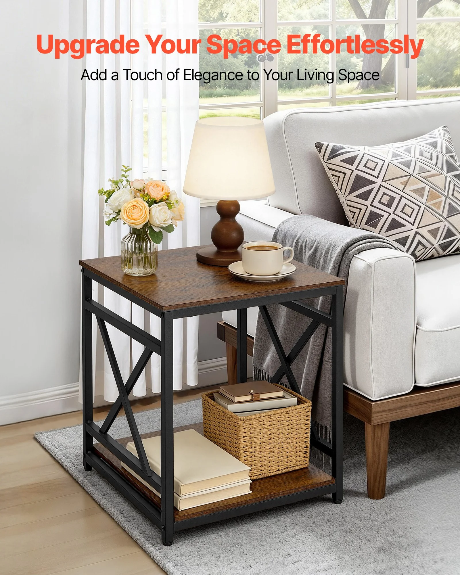 End Table, 2-Tier Square Side Table with Open Storage Shelves, Modern Nightstand Bedside Desk with X-Design Metal Frame, Wood Sofa Coffee Desk for Living Room, Bedroom, Office, Dorm, Brown - Image 3