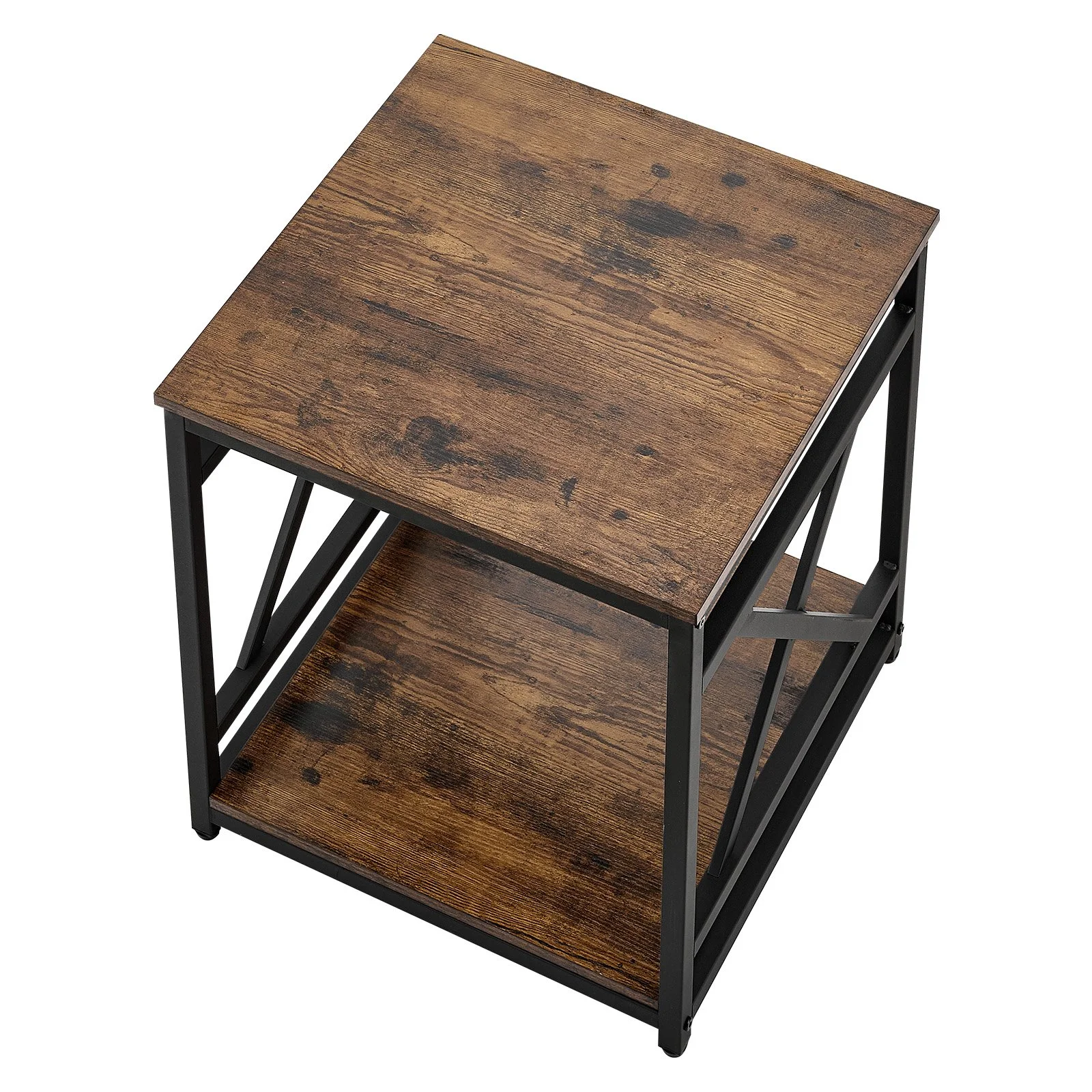 End Table, 2-Tier Square Side Table with Open Storage Shelves, Modern Nightstand Bedside Desk with X-Design Metal Frame, Wood Sofa Coffee Desk for Living Room, Bedroom, Office, Dorm, Brown - Image 4