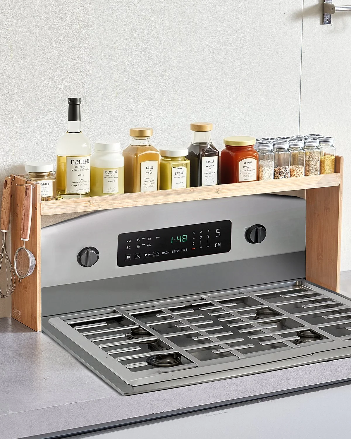 Over the Stove Shelf, Over Stove Spice Shelf for Kitchen Stove Top, Seasoning Shelves, Spice Organizer, Easy to Assemble Countertop Storage Solution, Kitchen Gadgets with 6 Hooks