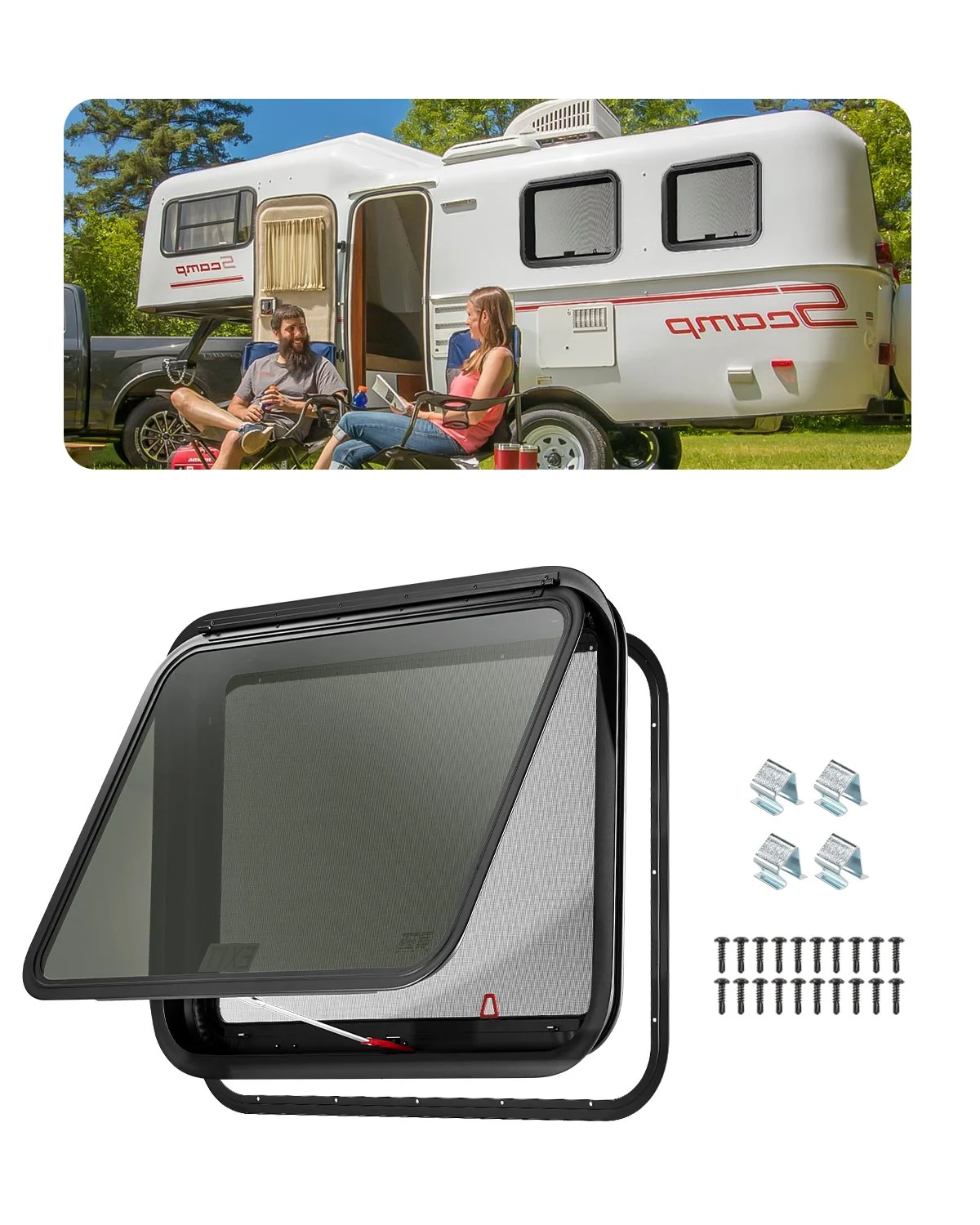RV Exit Window, 30" W x 22" H Tinted RV Window with Net Screen and Trim Ring, Fit for 1 1/4" - 1 13/16" Thickness Wall, RV Window Replacement for Teardrop Cargo Trailer Camper, DOT Approved