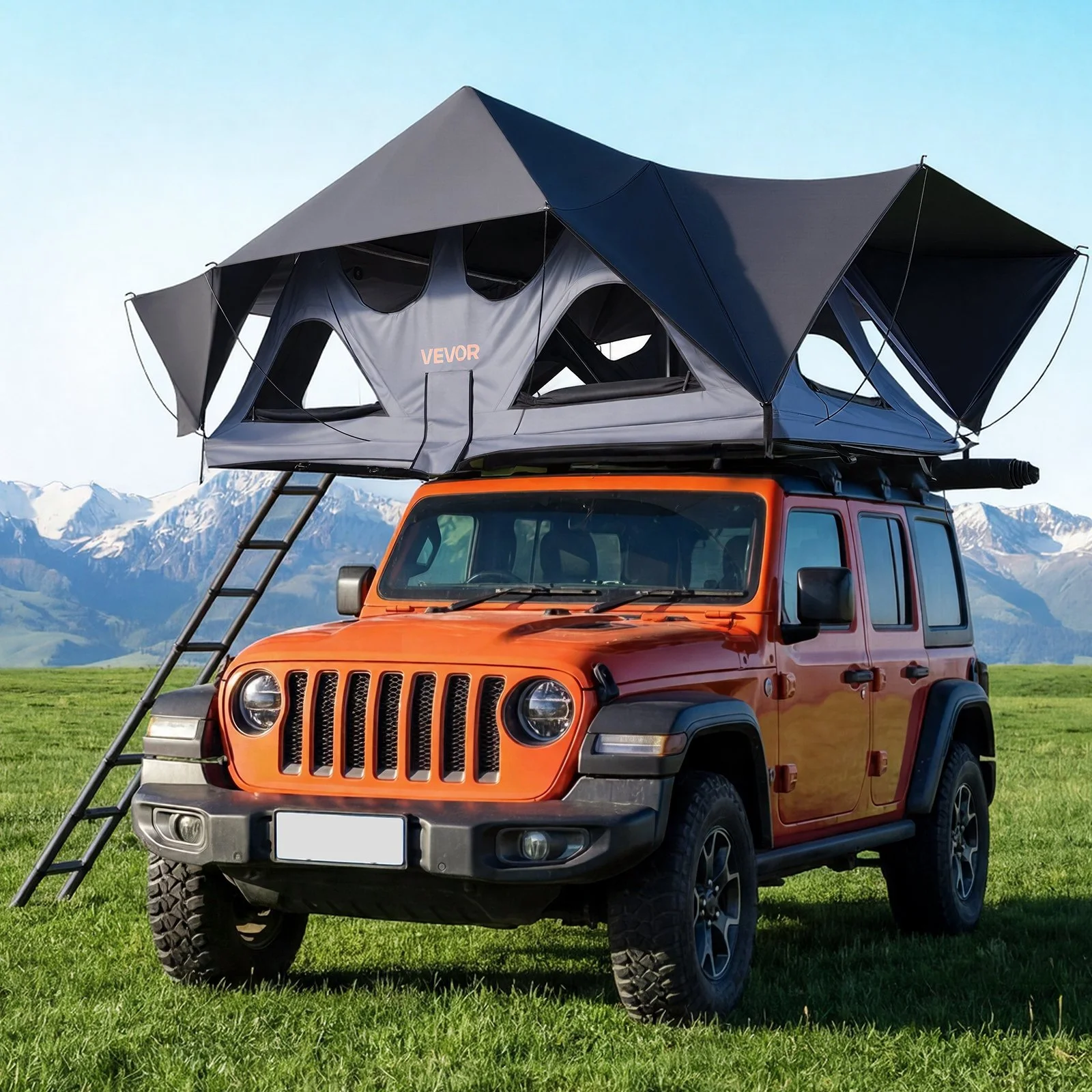 Rooftop Tent, 2-3 Person Foldable Aluminum Roof Top Tent with Tri-Color LED Light, Thick Mattress & 10 Windows, Waterproof Windproof Overland Camping Car Roof Rack Suitable for Jeep SUV Pickup