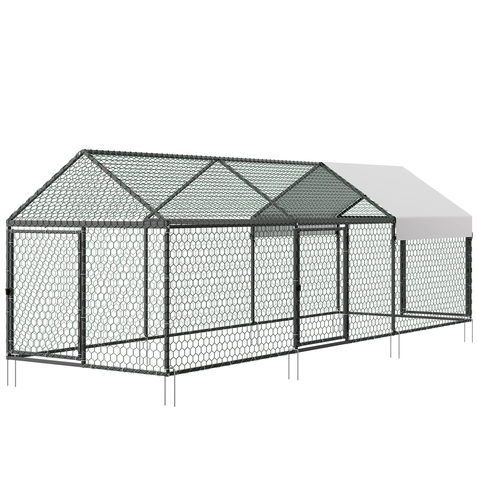 Metal Chicken Coop for 6-8 Chickens, 3.3 x 9.8 x 3.3 ft, Small Chicken Cage with Waterproof Cover & 3 Doors, Spire Roof Poultry Run Compatible with Wooden Coops, for Rabbit Hen Goose Duck - Image 6