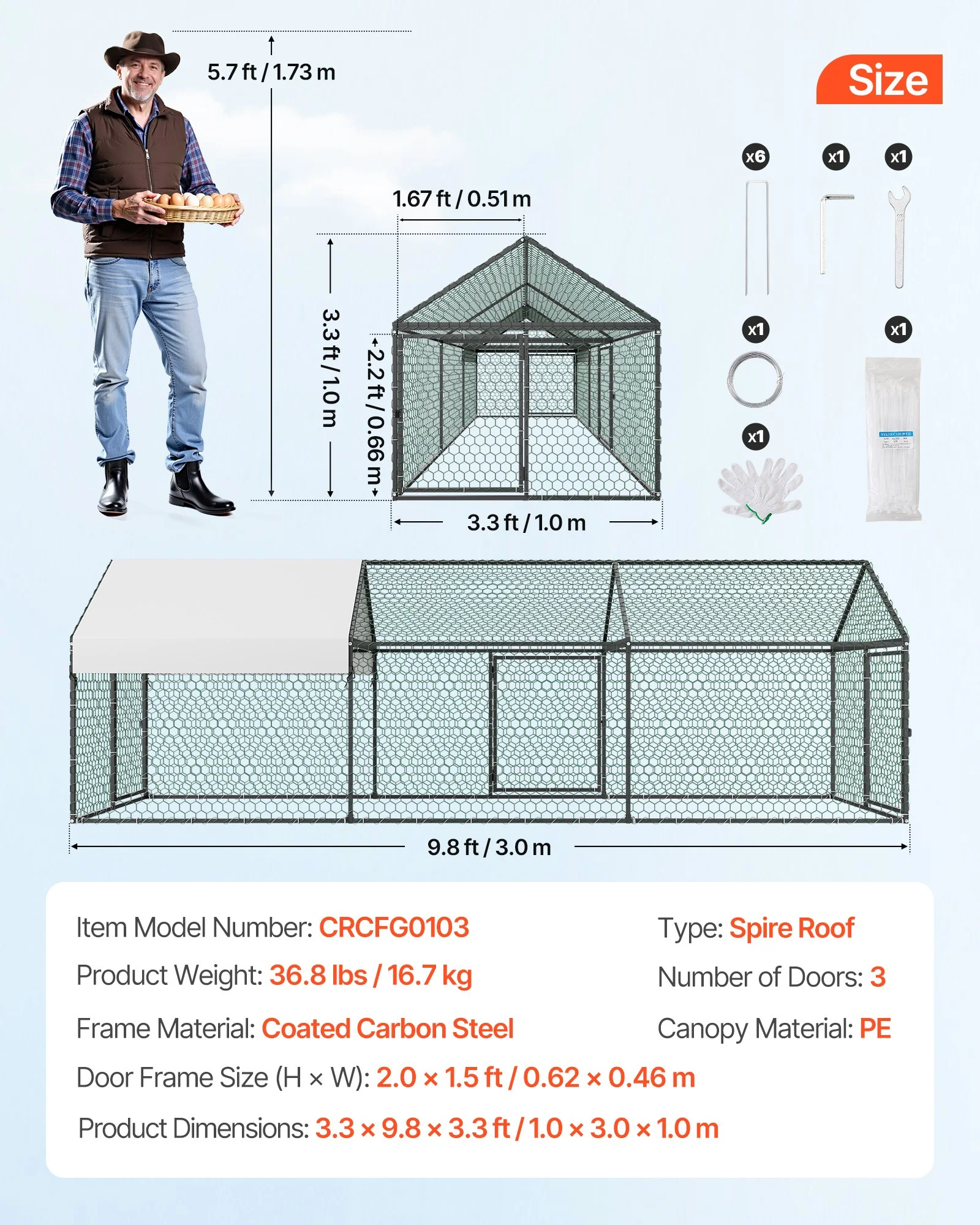 Metal Chicken Coop for 6-8 Chickens, 3.3 x 9.8 x 3.3 ft, Small Chicken Cage with Waterproof Cover & 3 Doors, Spire Roof Poultry Run Compatible with Wooden Coops, for Rabbit Hen Goose Duck - Image 3
