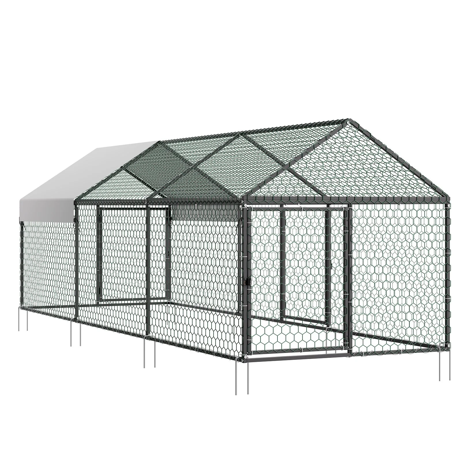 Metal Chicken Coop for 6-8 Chickens, 3.3 x 9.8 x 3.3 ft, Small Chicken Cage with Waterproof Cover & 3 Doors, Spire Roof Poultry Run Compatible with Wooden Coops, for Rabbit Hen Goose Duck - Image 5