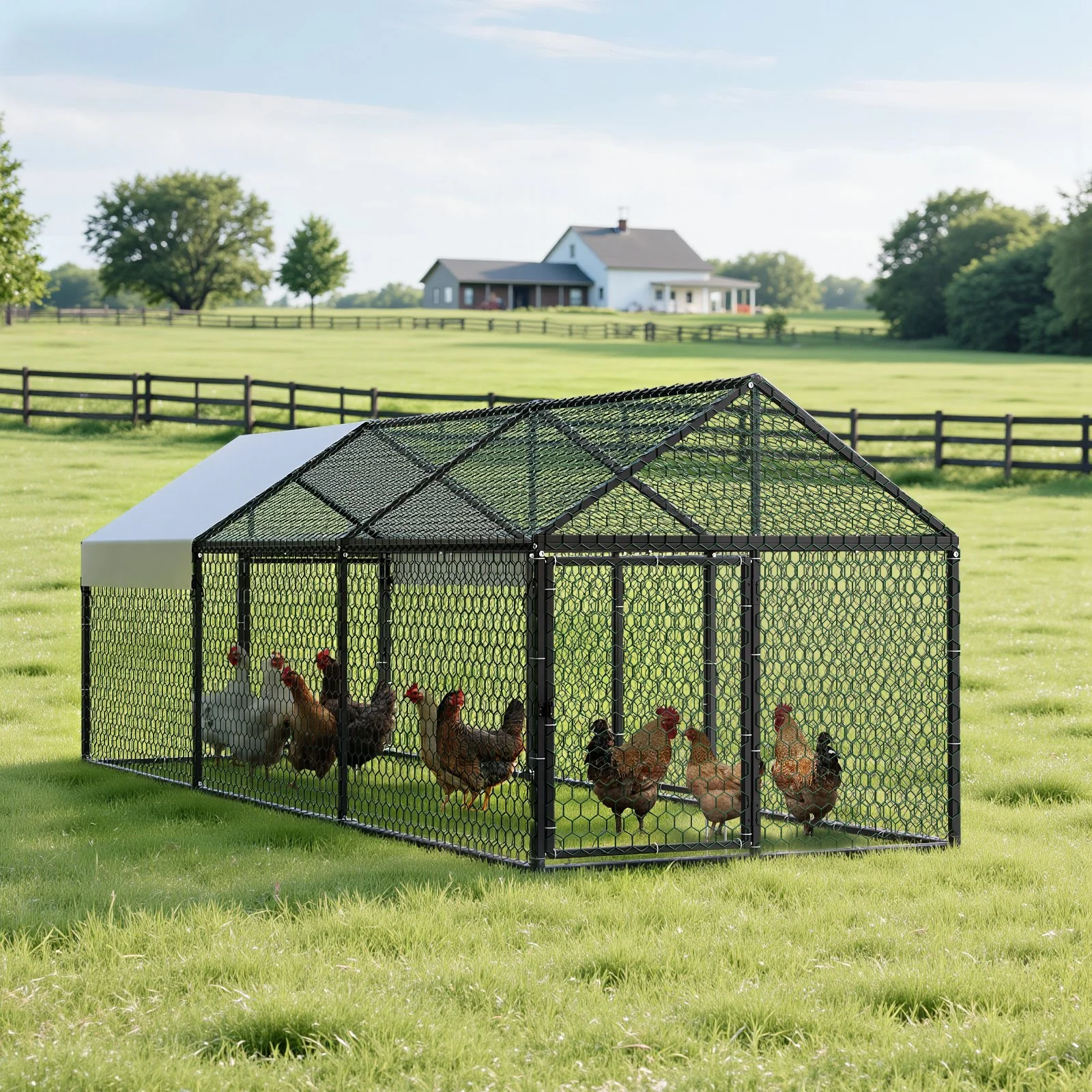 Metal Chicken Coop for 6-8 Chickens, 3.3 x 9.8 x 3.3 ft, Small Chicken Cage with Waterproof Cover & 3 Doors, Spire Roof Poultry Run Compatible with Wooden Coops, for Rabbit Hen Goose Duck - Image 11