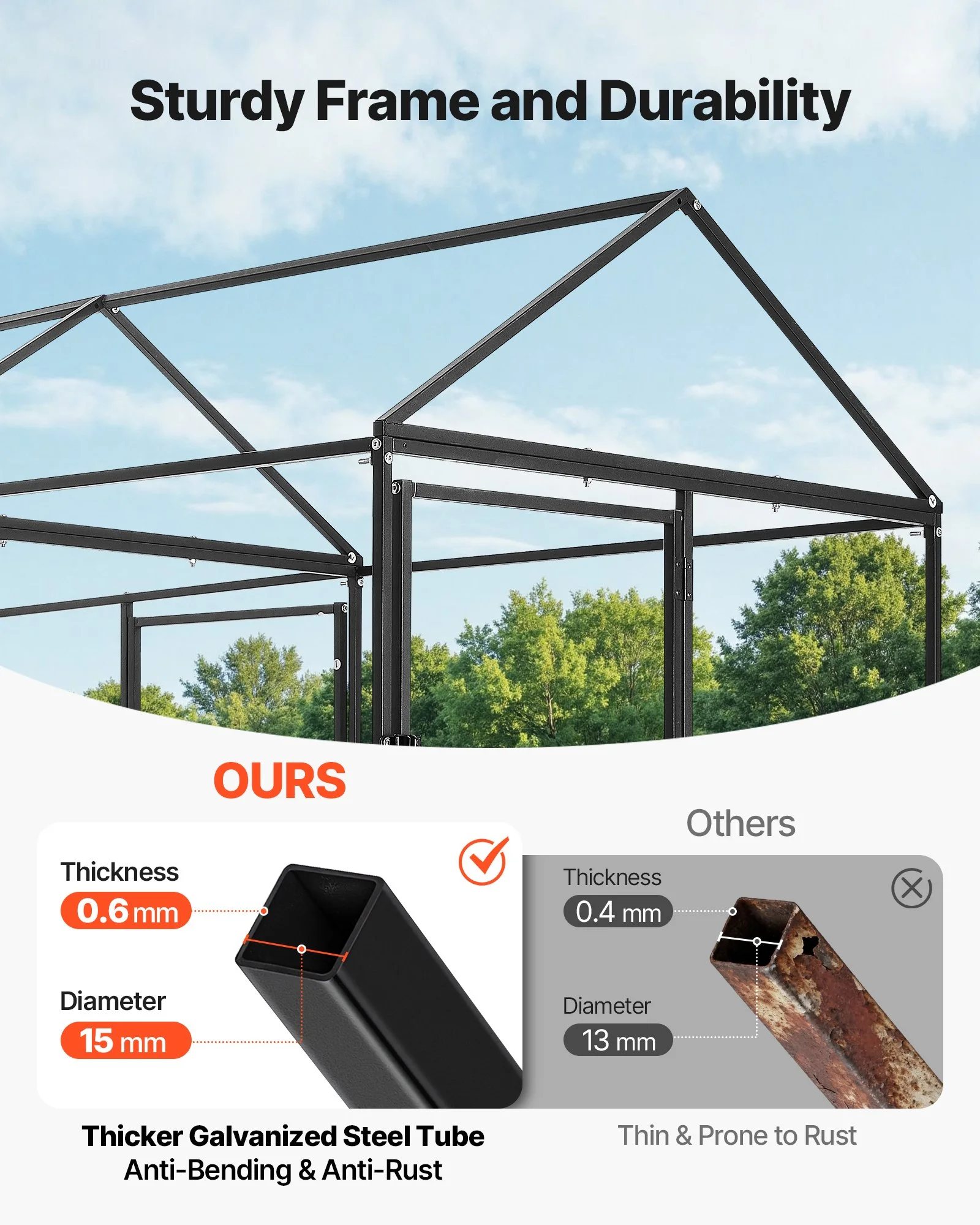 Metal Chicken Coop for 6-8 Chickens, 3.3 x 9.8 x 3.3 ft, Small Chicken Cage with Waterproof Cover & 3 Doors, Spire Roof Poultry Run Compatible with Wooden Coops, for Rabbit Hen Goose Duck - Image 4