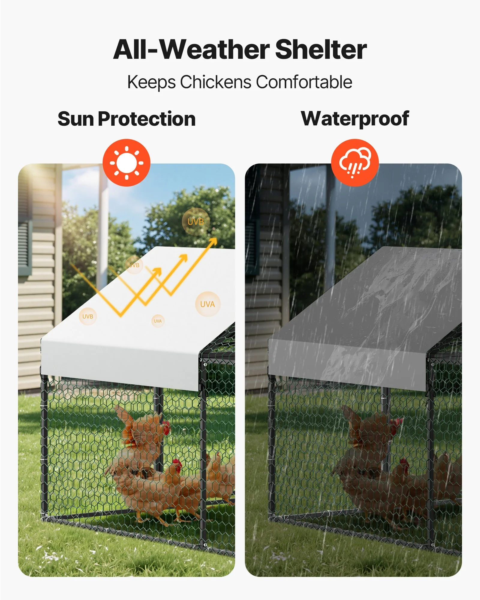 Metal Chicken Coop for 6-8 Chickens, 3.3 x 9.8 x 3.3 ft, Small Chicken Cage with Waterproof Cover & 3 Doors, Spire Roof Poultry Run Compatible with Wooden Coops, for Rabbit Hen Goose Duck - Image 9