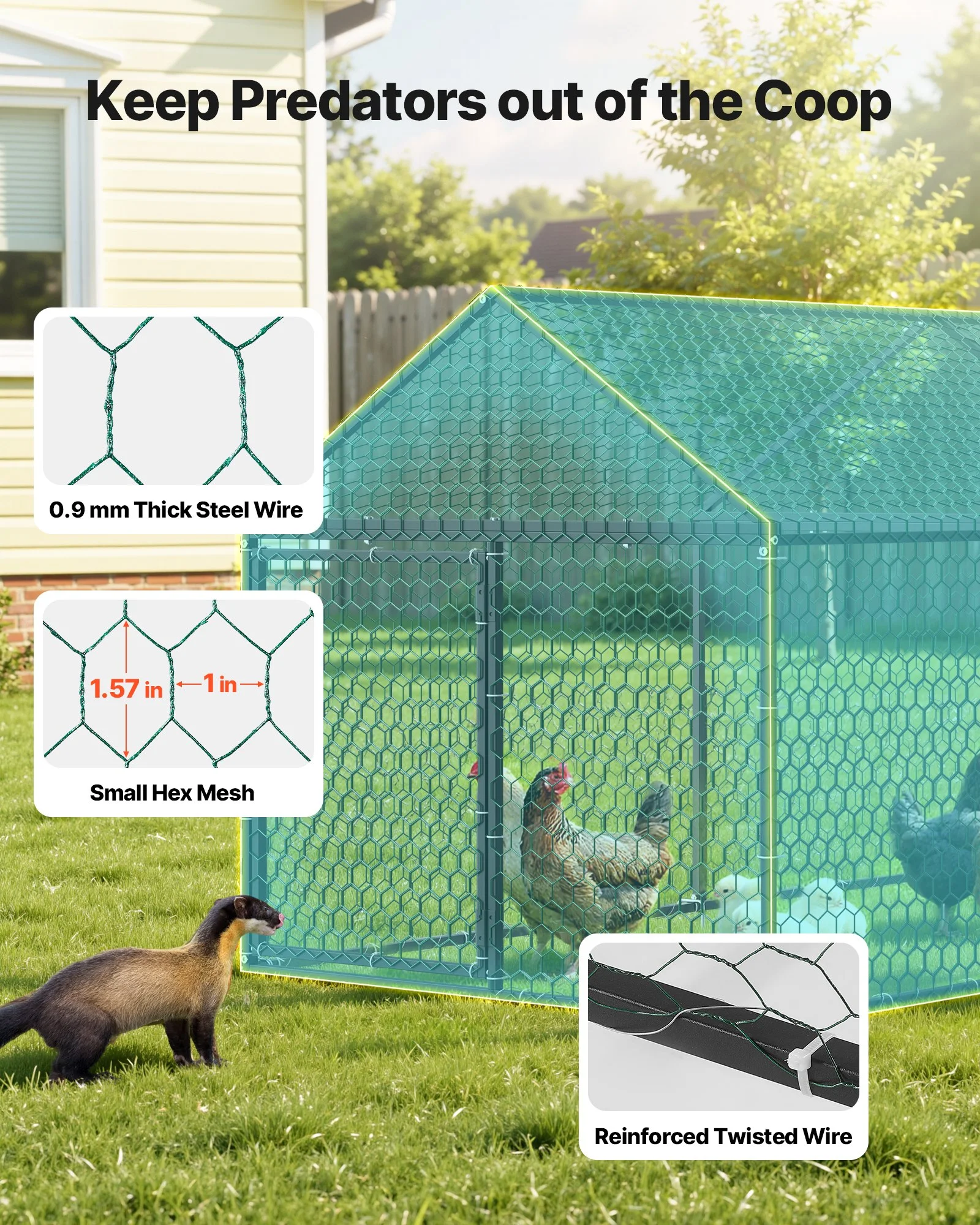 Metal Chicken Coop for 6-8 Chickens, 3.3 x 9.8 x 3.3 ft, Small Chicken Cage with Waterproof Cover & 3 Doors, Spire Roof Poultry Run Compatible with Wooden Coops, for Rabbit Hen Goose Duck - Image 8