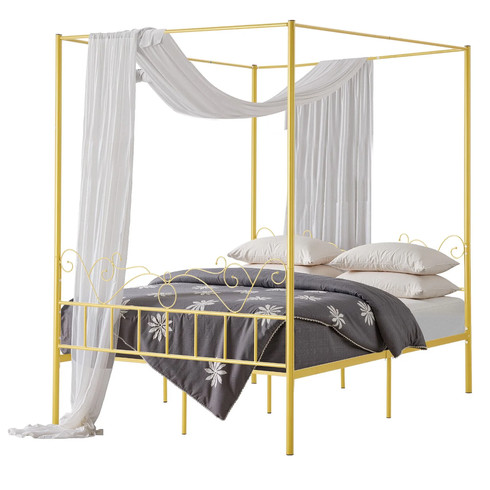 Queen Size Canopy Bed Frame, Metal Canopy Bed with Minimalist Headboard & Four Posters Design, Heavy Duty Steel Slats Support, Underbed Storage Space, No Box Spring Needed, Easy Assembly, Gold