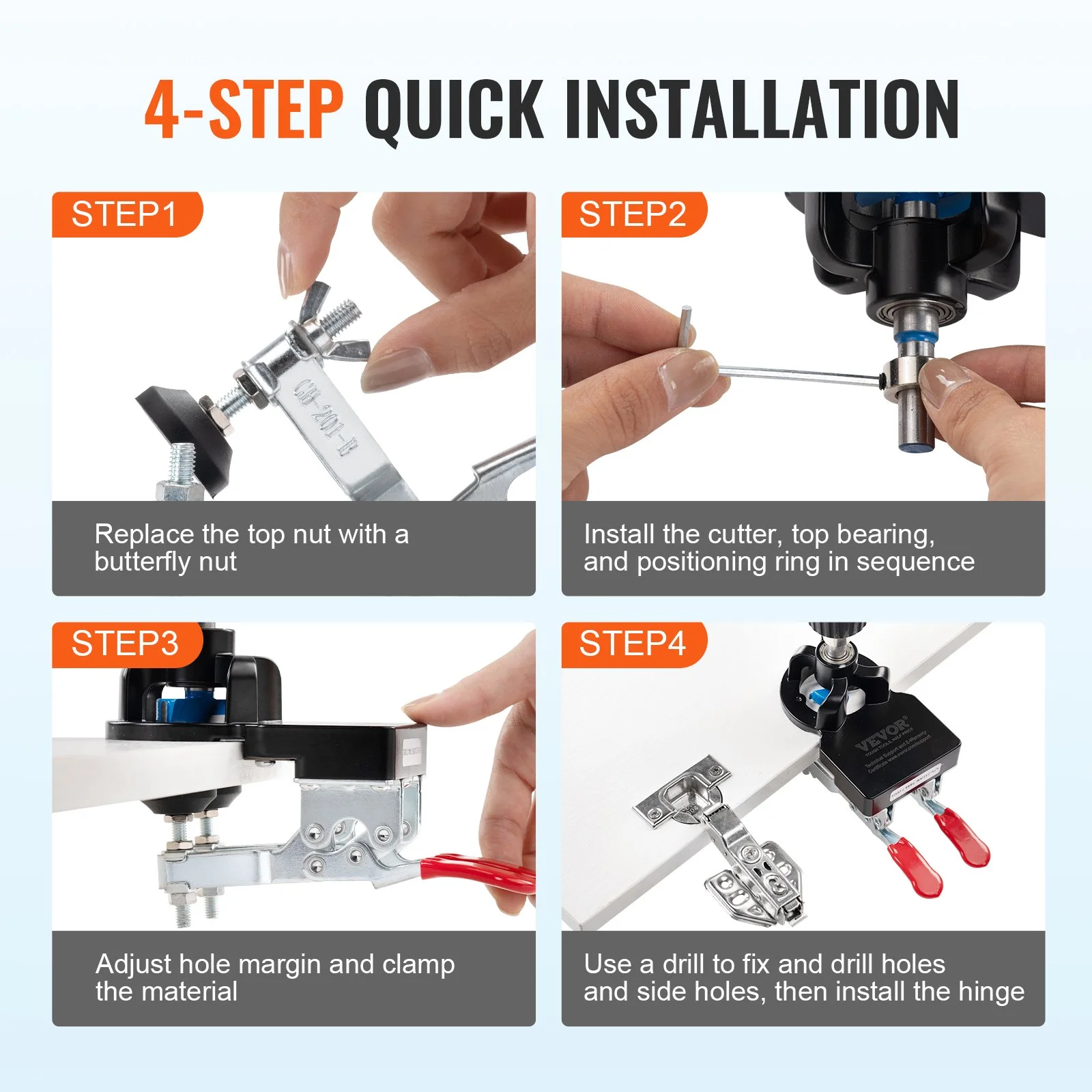 35 mm Concealed Door Hinge Jig, Aluminum Alloy Cabinet Hinge Jig, Accurate Locking Dual Clamp Fixation Hinge Drill Jig with Accessories, Woodworking Tool for Doors Cabinets Hinges Mounting - Image 10