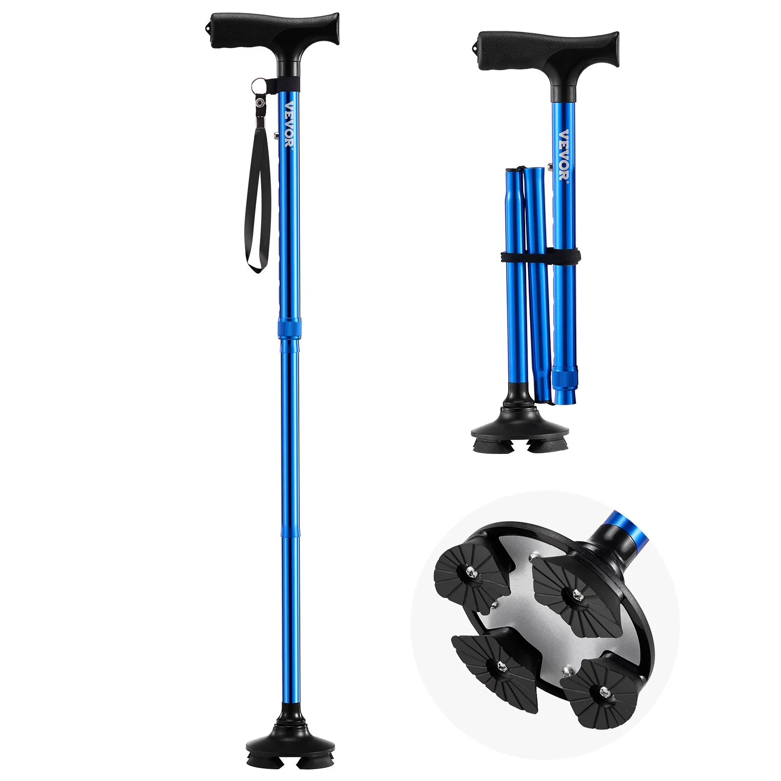 Walking Cane for Man Woman, Folding Walking Stick with 8-Level Adjustable Height and 4-Pronged Pivoting Base, Lightweight & Portable Aluminum Mobility Aid for Senior Adult, 250LBS Loading (Blue)