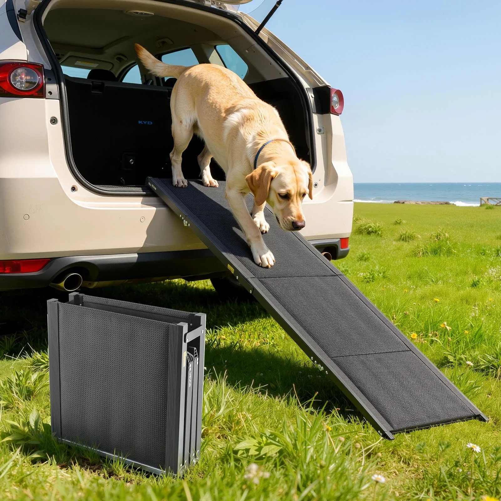 Dog Ramp for Cars, 71" L x 17" W, Folding Pet Ramps for Medium & Large Dogs up to 250lbs, Pet Stair Ramp with Non-Slip Oxford Fabric Surface, Portable Outdoor Dog Car Ramps for SUV & Truck