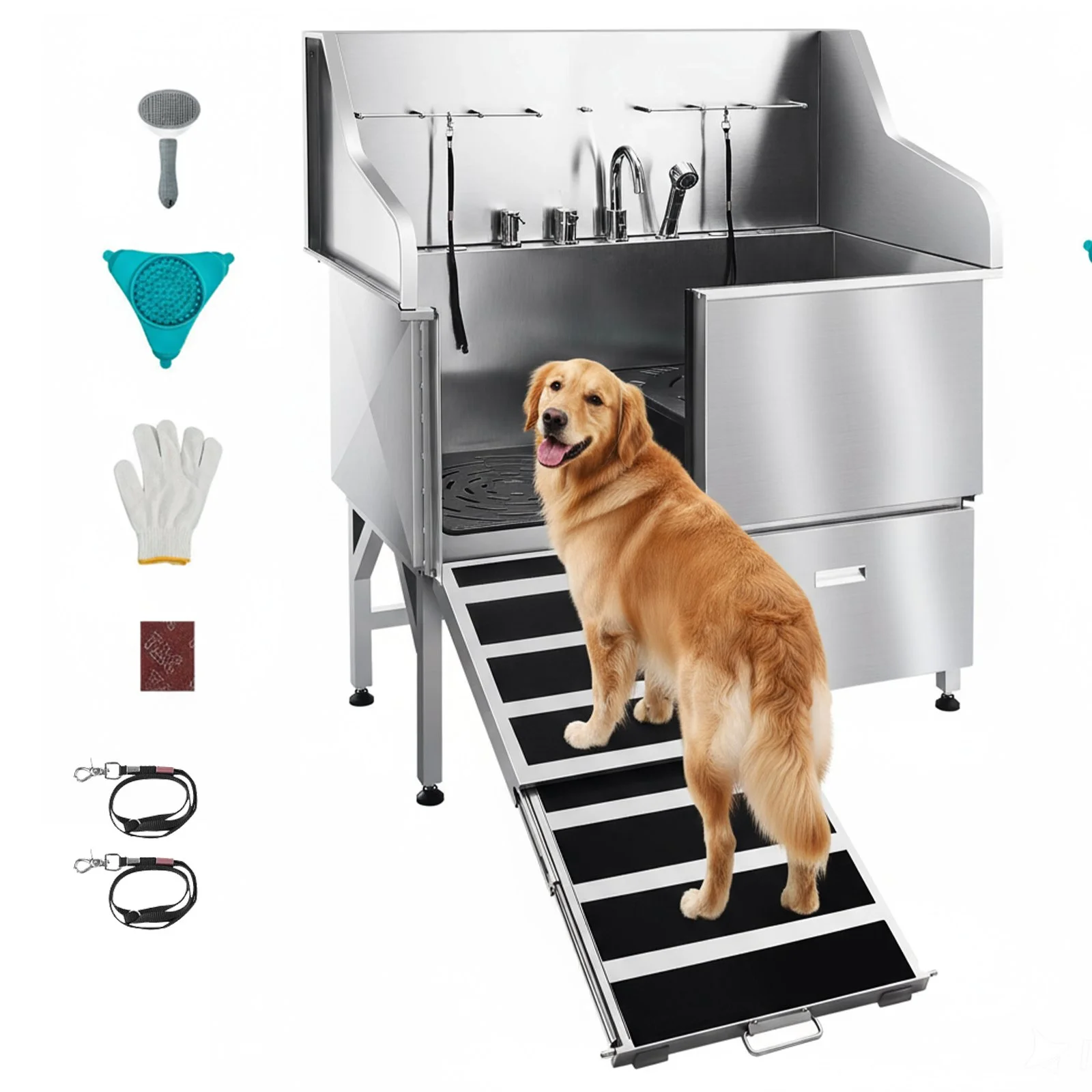 Stainless Steel Dog Washing Station, 50 inch Pet Grooming Tub w/ Ramp, Faucet & Showerhead & Soap Holder Leash Dog Bathtub for Large & Medium & Small Pets (Left Door)