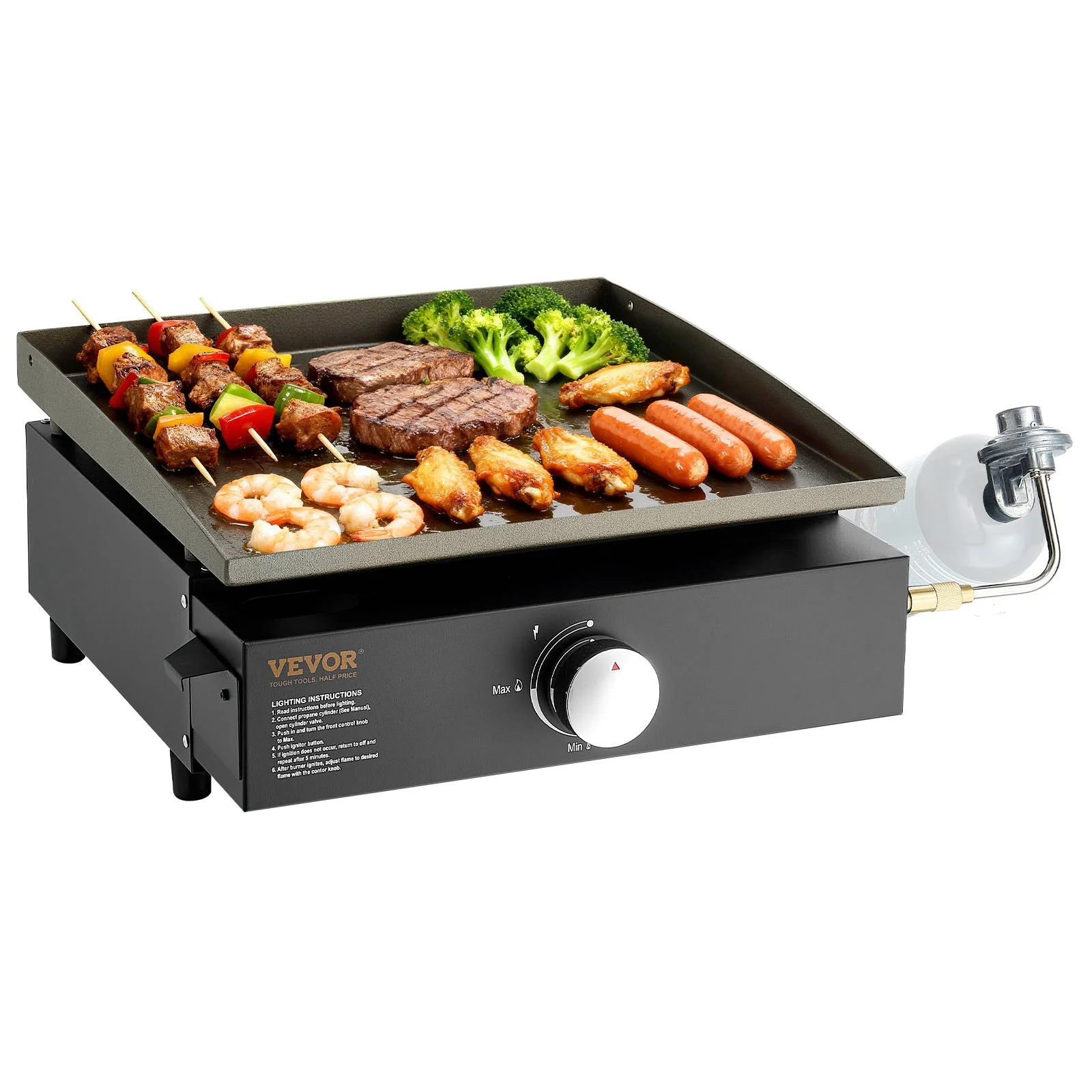 Commercial Griddle, 16.9" Heavy Duty Manual Flat Top Griddle, Countertop Gas Grill with Non-Stick Cooking Plate, Steel Natural Gas Griddle, 2-Burners Restaurant Portable Grill -  22,000 BTU