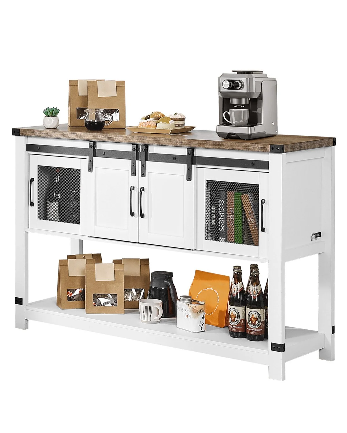 Coffee Bar Cabinet, 47.3 x 15.7 x 32.7 in Farmhouse Coffee Bar Cabinet with 4-Tier Storage, Coffee Bar Table with Barn Doors, Farmhouse Sideboard Buffet Cabinet for Living Room, Entryway