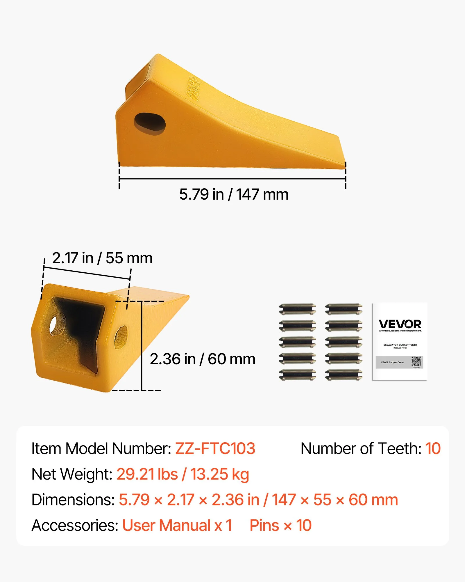Excavator Bucket Teeth with Pins, 10 Pack 5.79 in Bucket Tooth Set Compatible with 23 & 230 Series Excavators, Heavy Duty Bolt on Digging Buckets Teeth for Skid Steer & Mini Excavators - Image 7