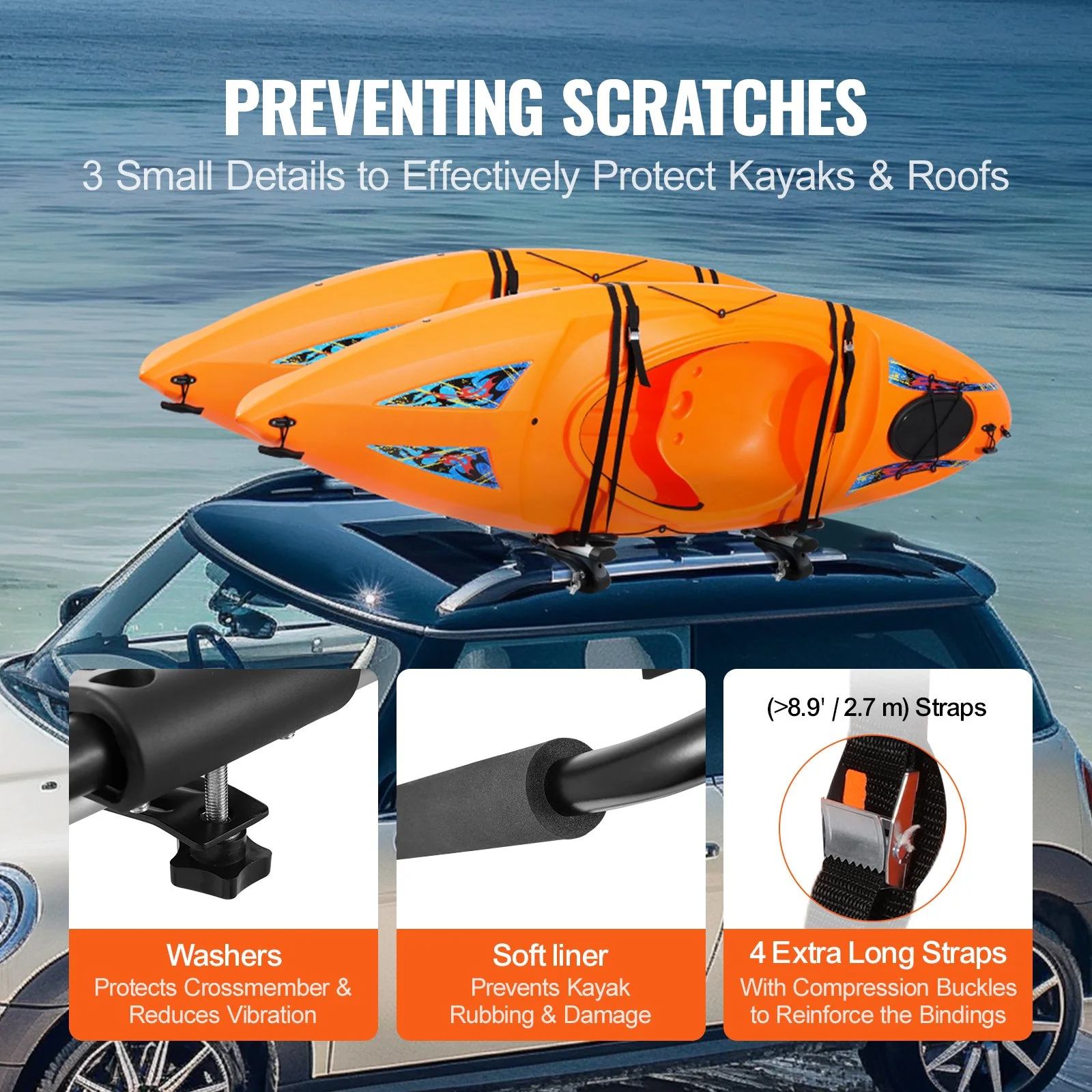 Kayak Roof Rack 2 Pairs J-Bar, Soft Roof Rack Quick Folding, Top Mount Tie Down, Carrier for kayak, Surf Board, Canoe, SUP, Ski Board, Mount on Car, SUV, Truck, 2 Kayaks - Image 8
